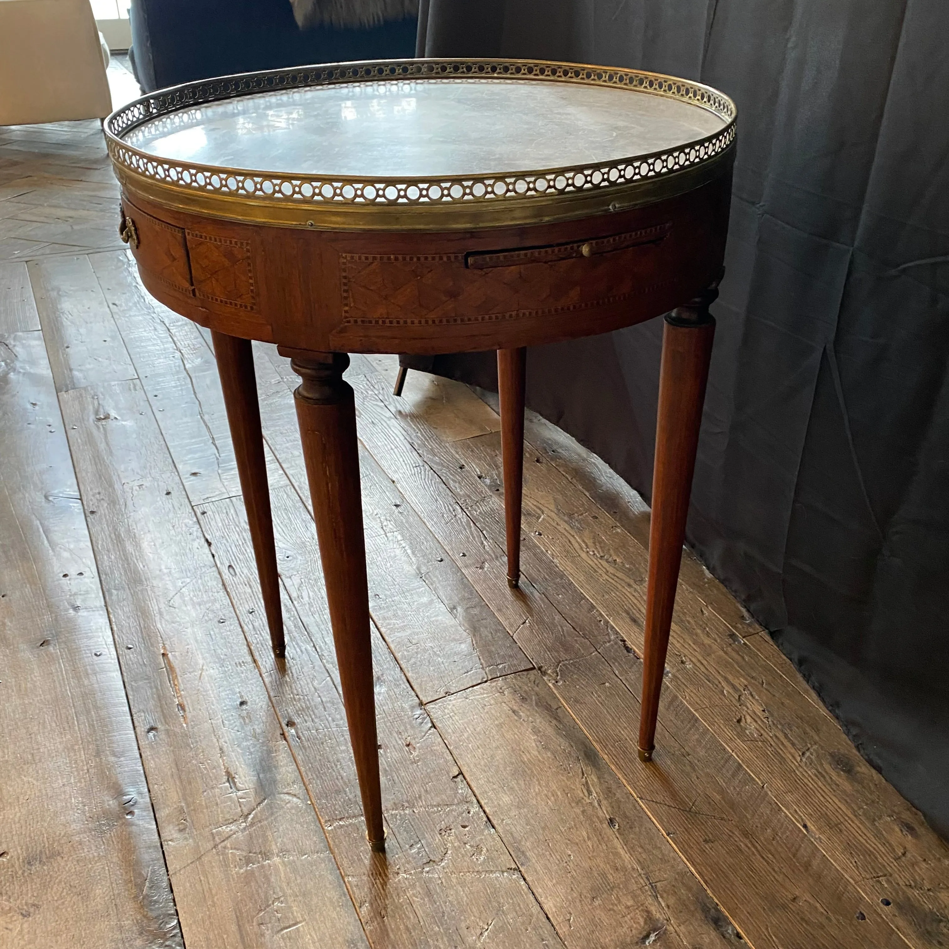 19th Century French Round Carrera Marble Top Side Table, Accent Table or Bouillotte Table with Original Exquisite Napoleonic Figural Pulls and Bronze Gallery