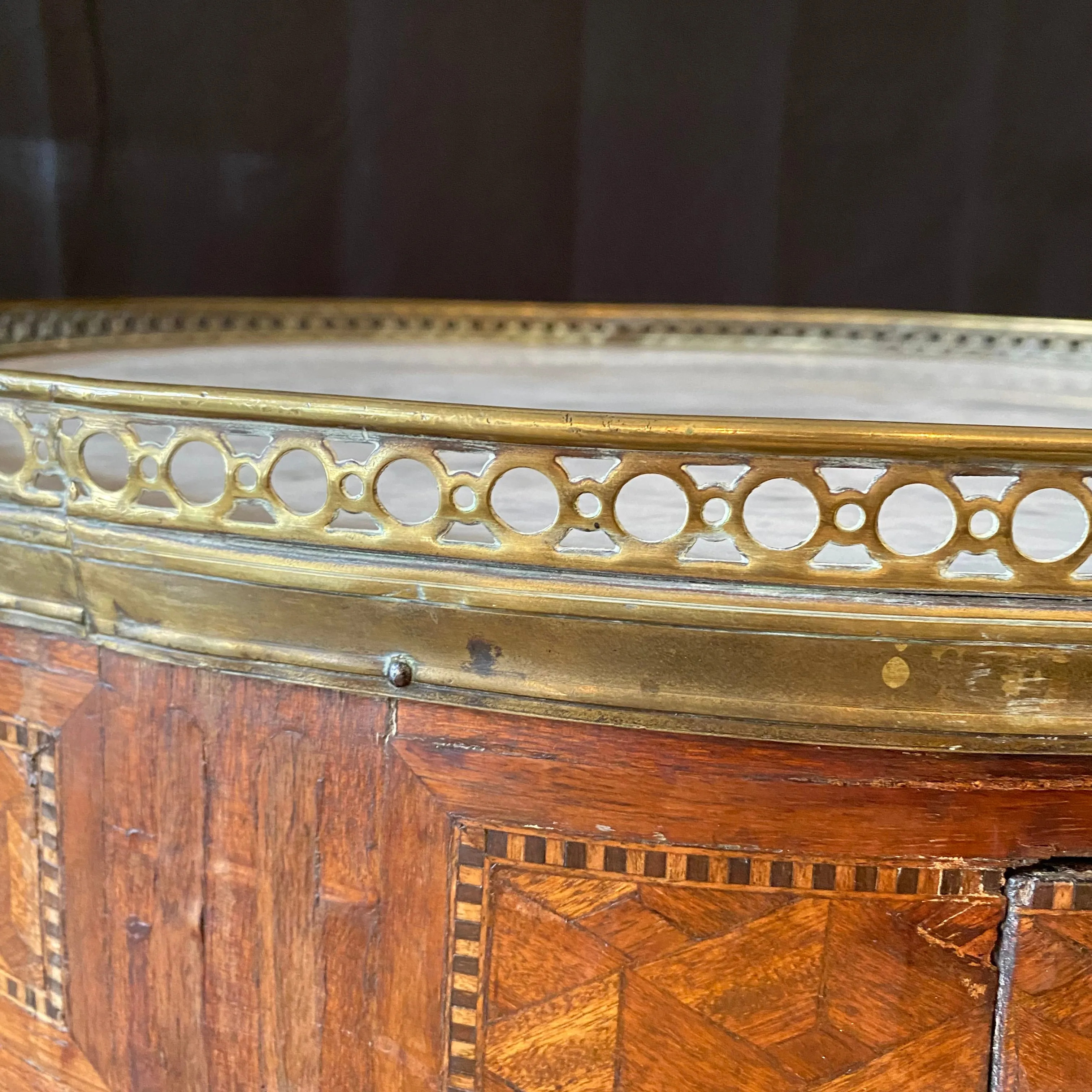 19th Century French Round Carrera Marble Top Side Table, Accent Table or Bouillotte Table with Original Exquisite Napoleonic Figural Pulls and Bronze Gallery