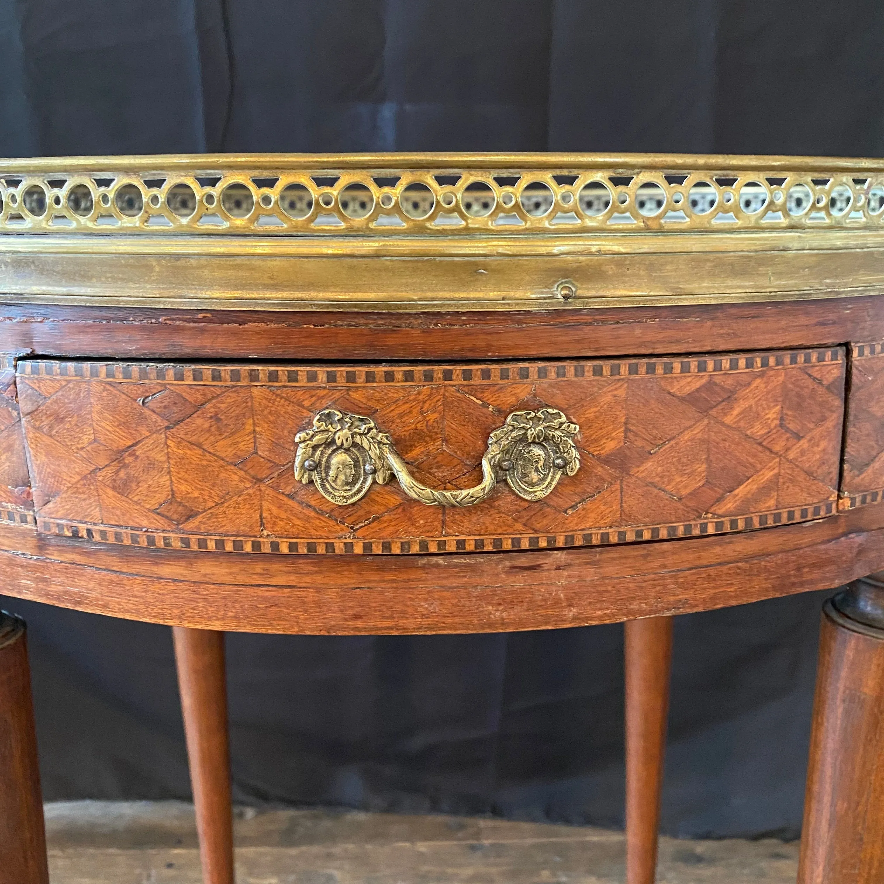 19th Century French Round Carrera Marble Top Side Table, Accent Table or Bouillotte Table with Original Exquisite Napoleonic Figural Pulls and Bronze Gallery