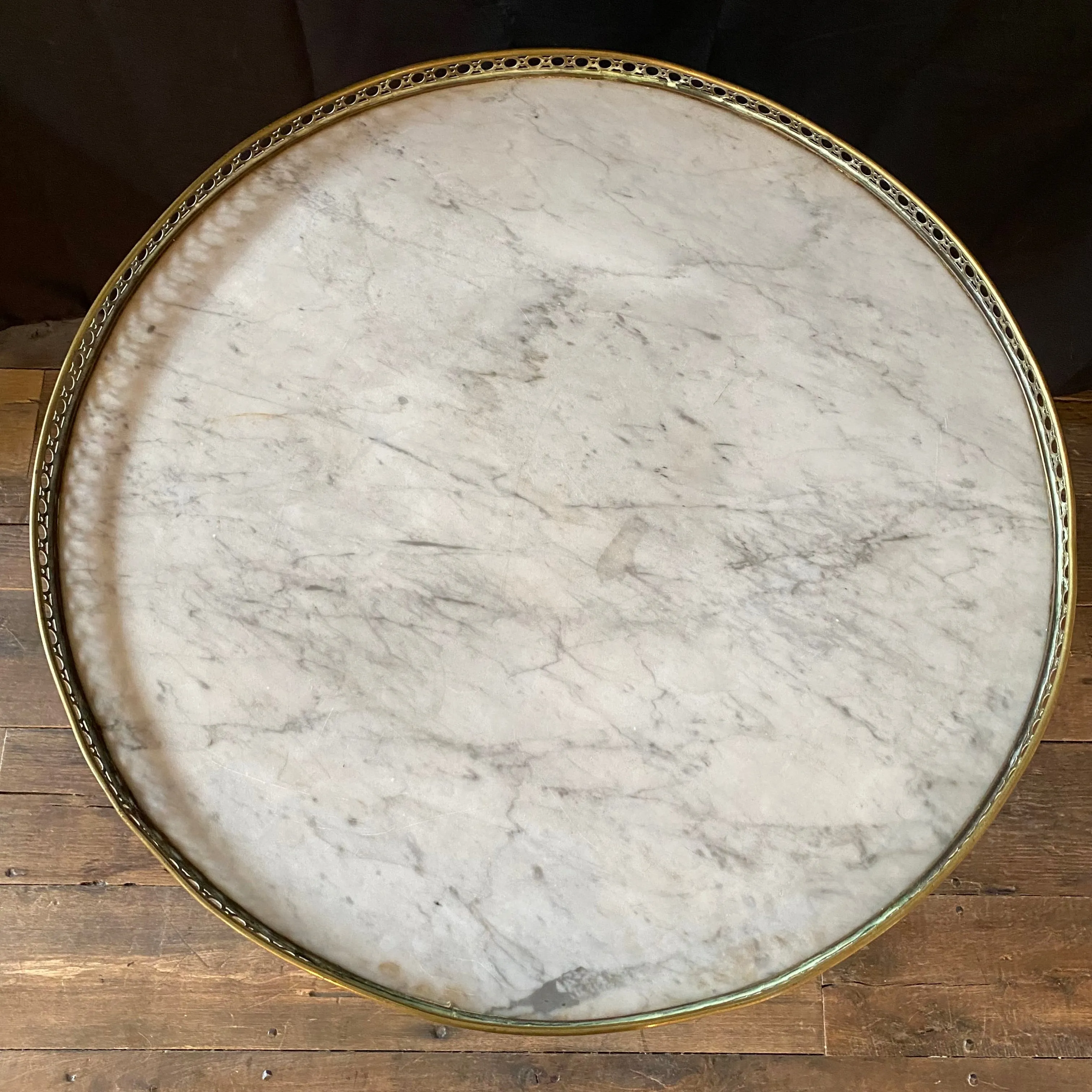 19th Century French Round Carrera Marble Top Side Table, Accent Table or Bouillotte Table with Original Exquisite Napoleonic Figural Pulls and Bronze Gallery