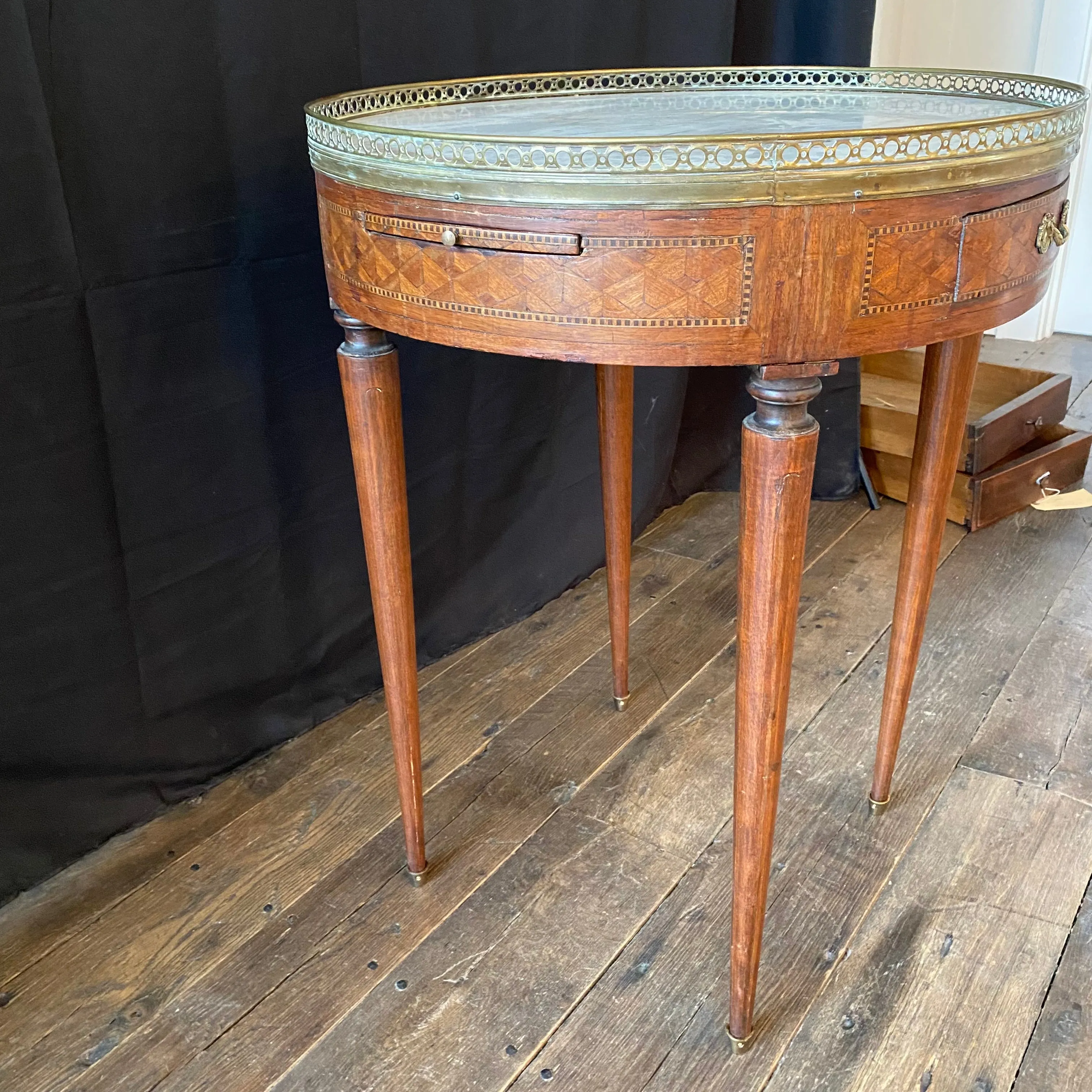 19th Century French Round Carrera Marble Top Side Table, Accent Table or Bouillotte Table with Original Exquisite Napoleonic Figural Pulls and Bronze Gallery