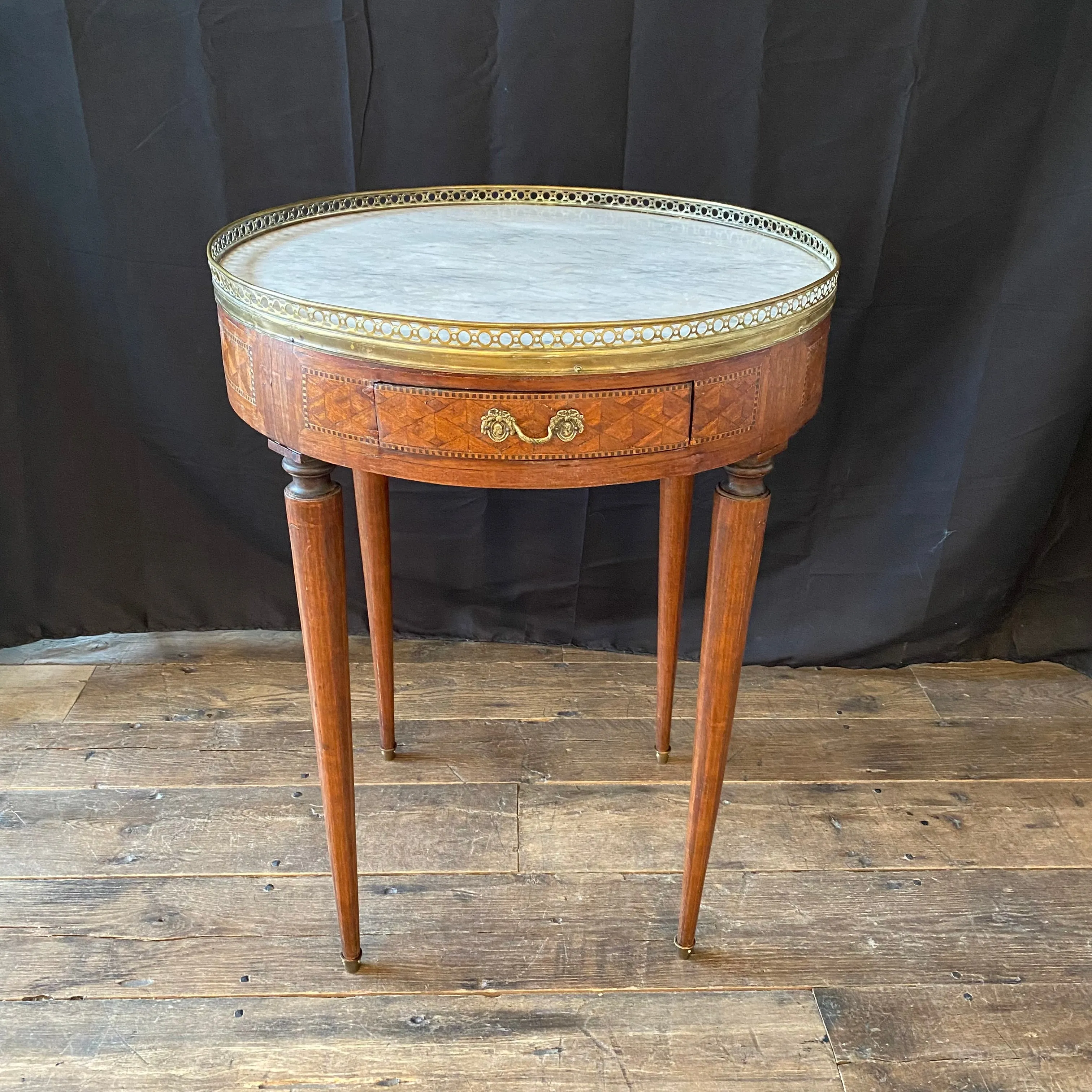 19th Century French Round Carrera Marble Top Side Table, Accent Table or Bouillotte Table with Original Exquisite Napoleonic Figural Pulls and Bronze Gallery