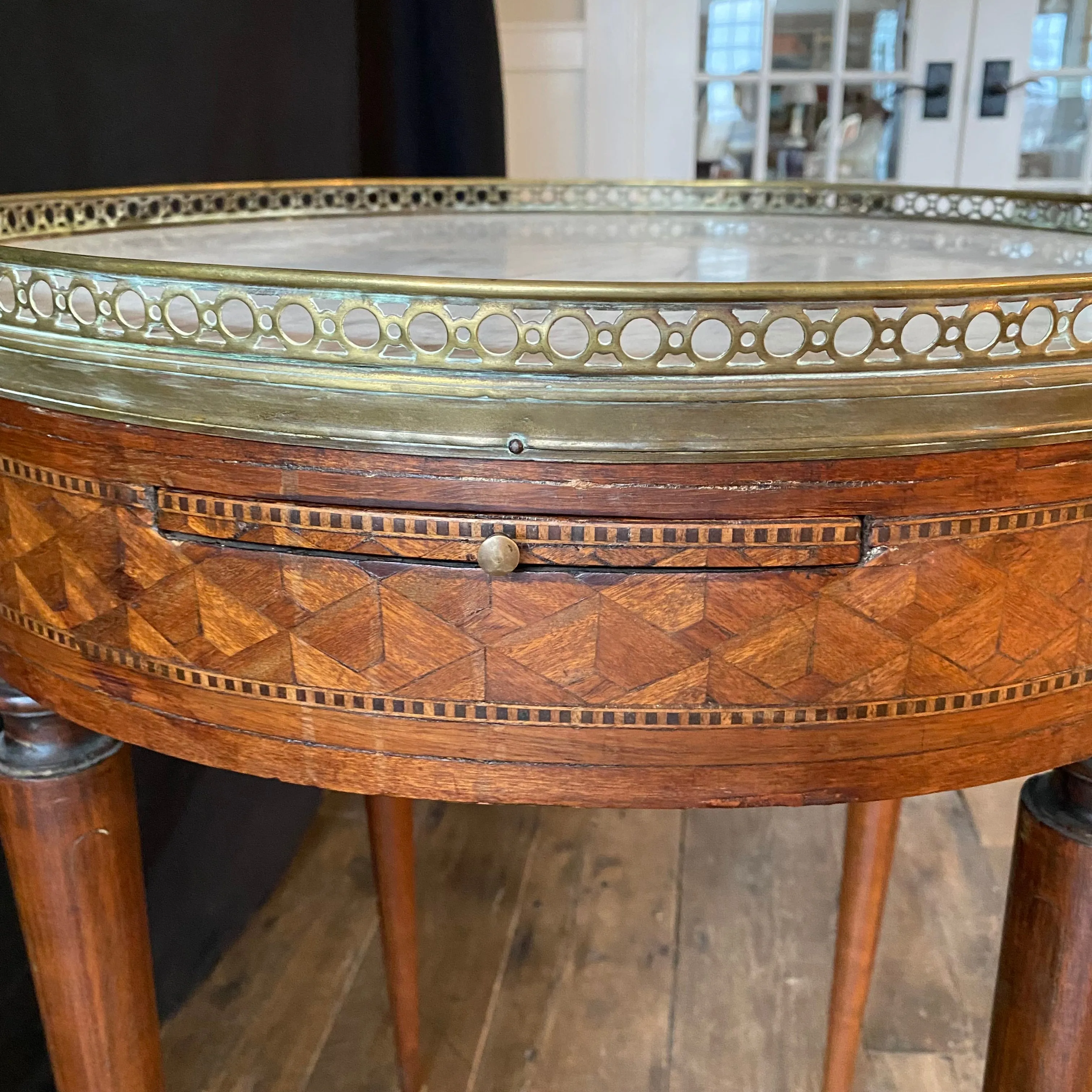 19th Century French Round Carrera Marble Top Side Table, Accent Table or Bouillotte Table with Original Exquisite Napoleonic Figural Pulls and Bronze Gallery