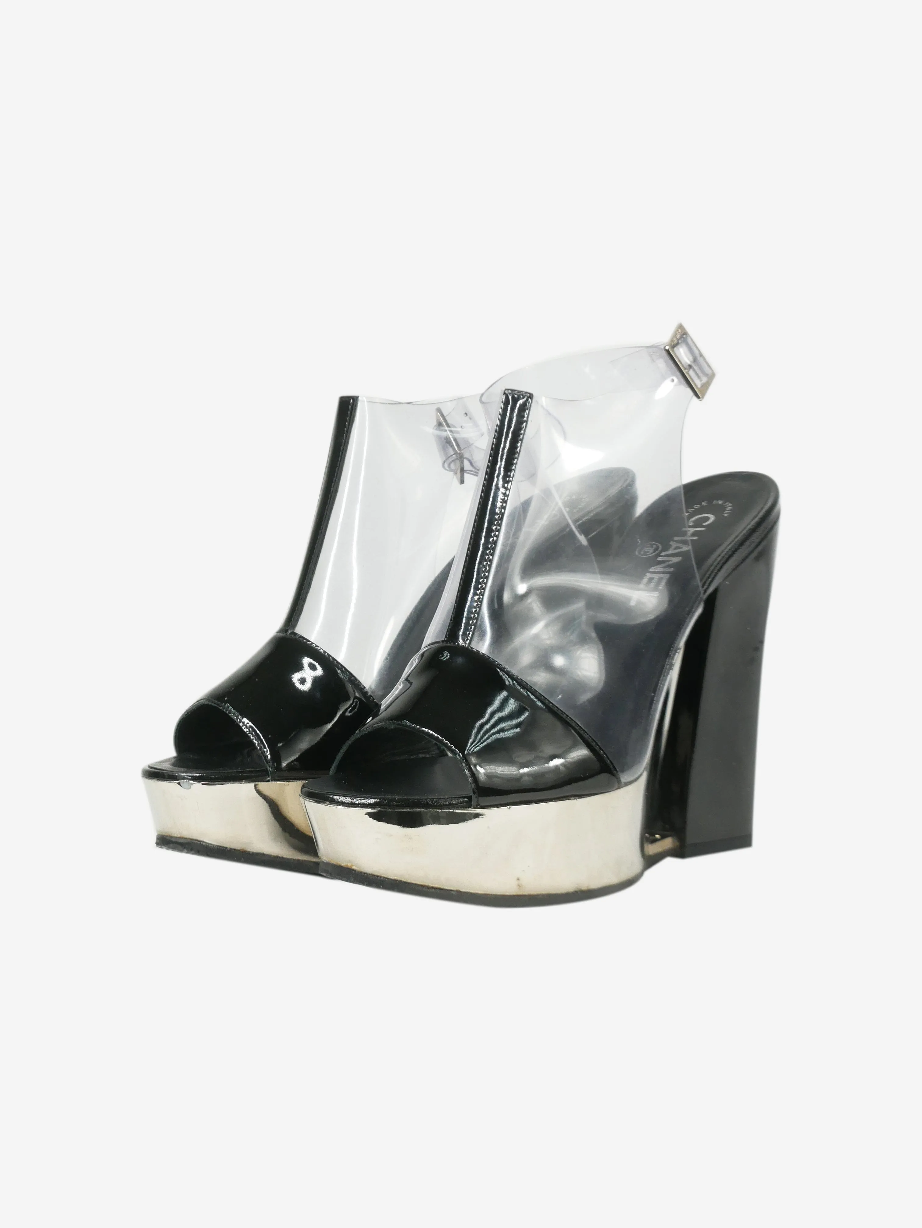 Black PVC peep toe wedges - size EU 36