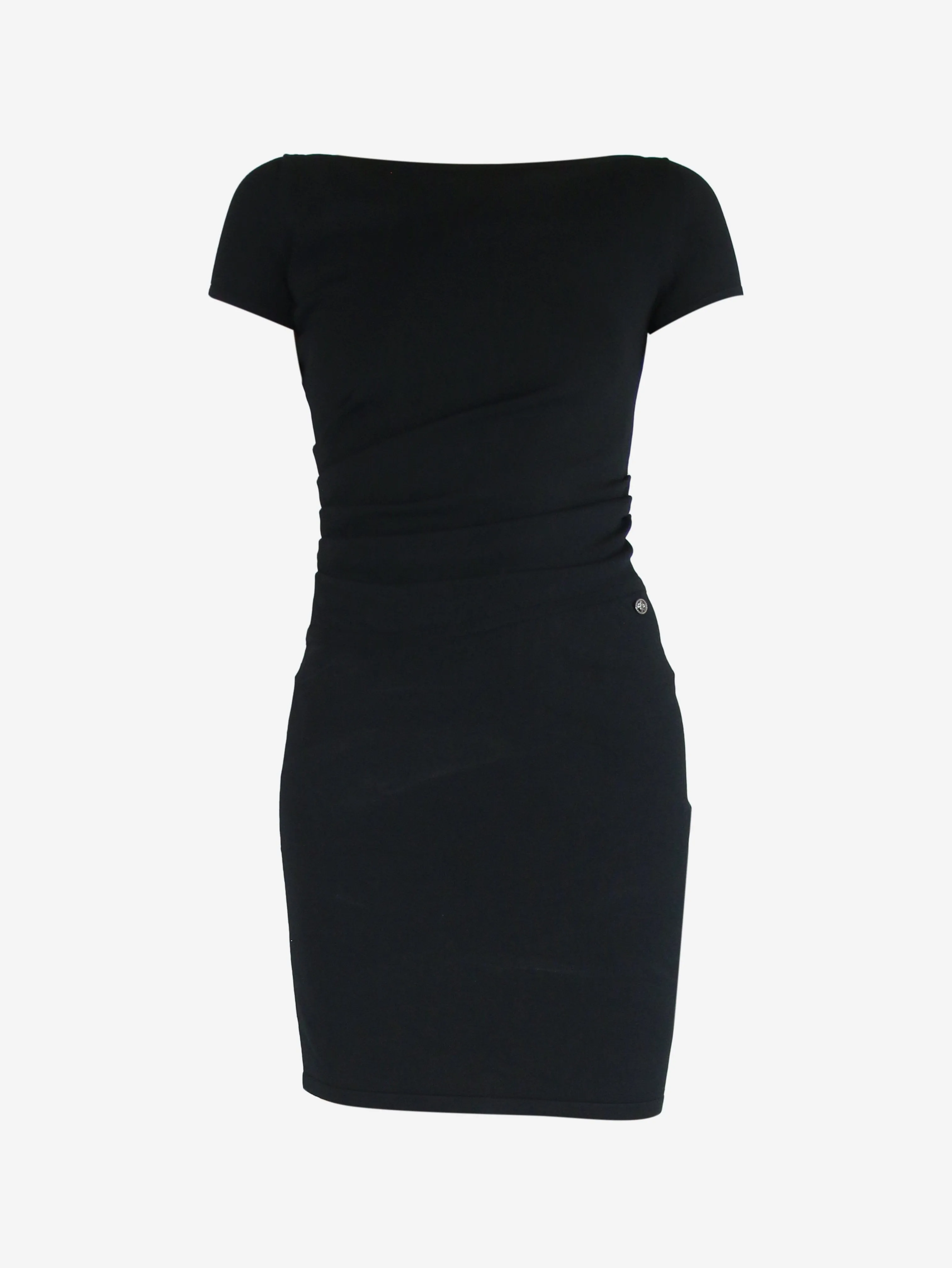 Black ruched knit mini dress - size UK 10