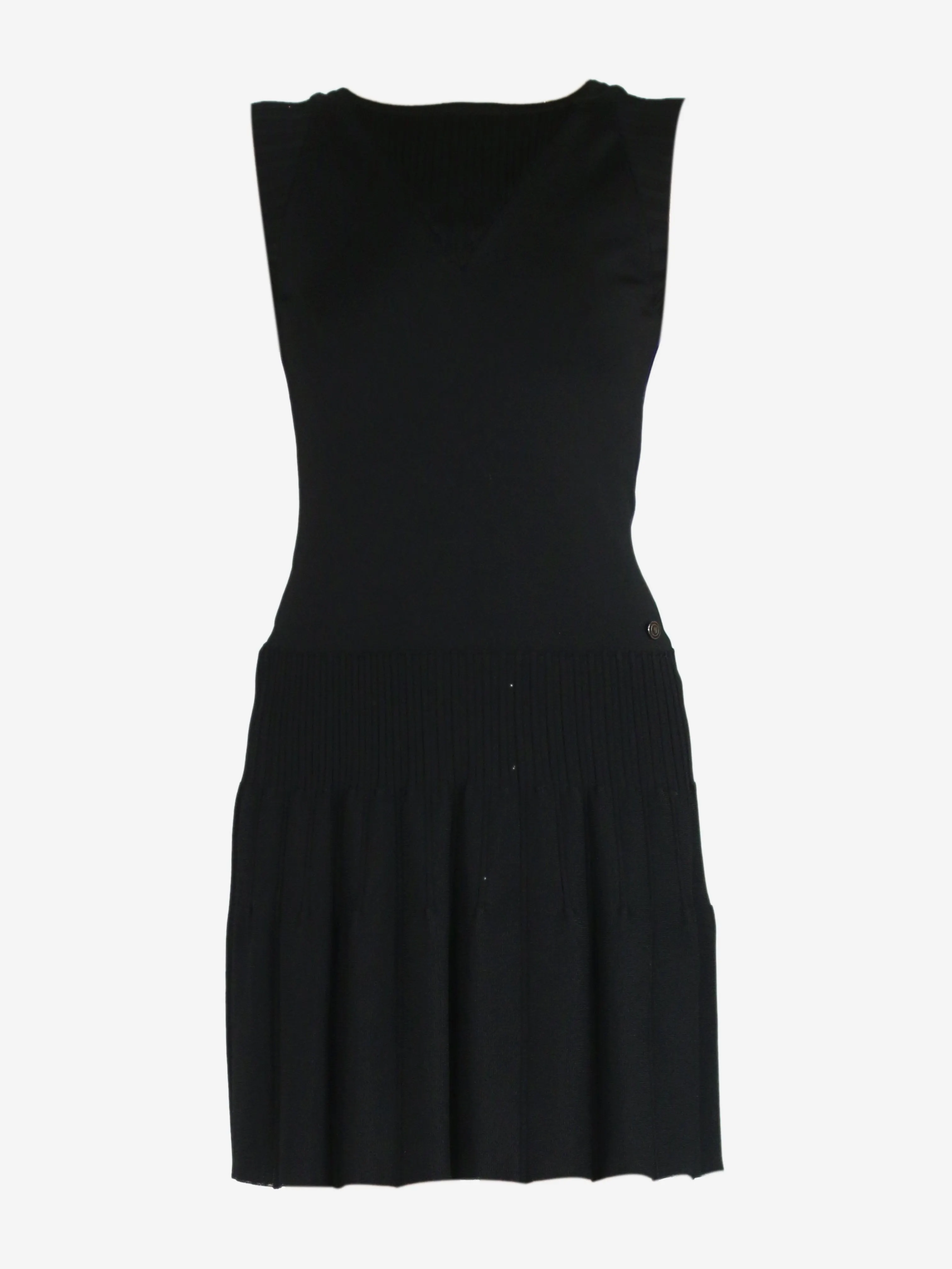 Black sleeveless v-neck pleated mini dress - size UK 8