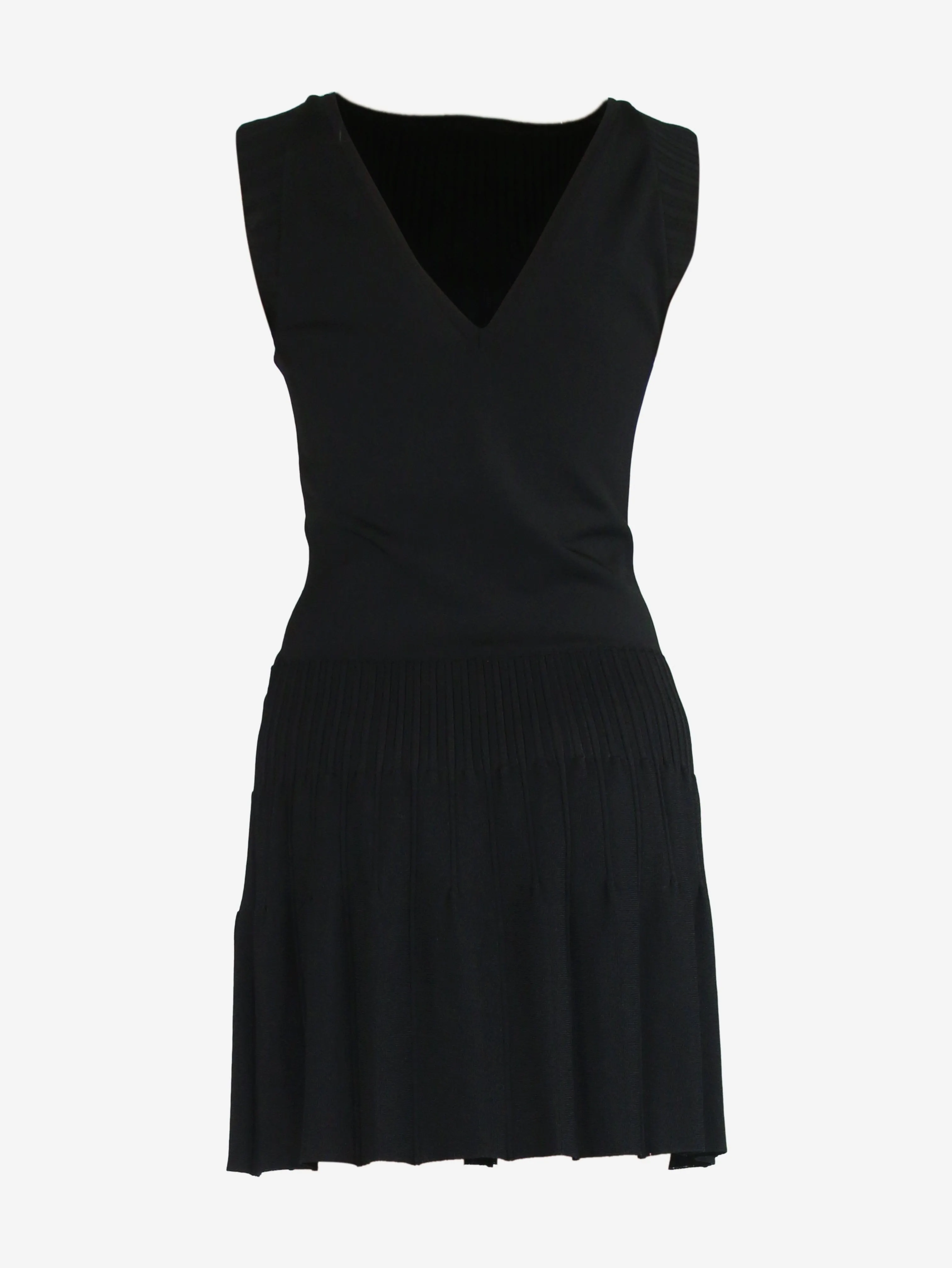 Black sleeveless v-neck pleated mini dress - size UK 8