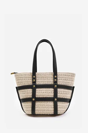 CIELO SMALL RAFFIA BAG WITH STUDD DETAIL AND CROSS BODY STRAP IN BLACK