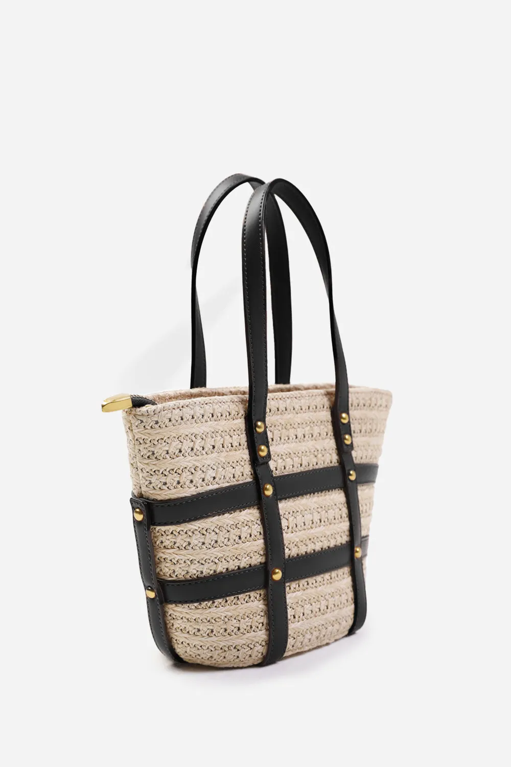 CIELO SMALL RAFFIA BAG WITH STUDD DETAIL AND CROSS BODY STRAP IN BLACK