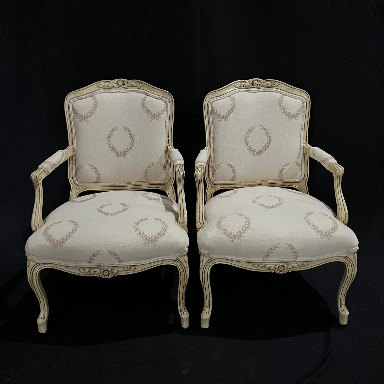 Classic Pair of French Louis XV Style Armchairs or Fauteuils with Original Off White Paint and Contrasting Neutral Fabric on Back