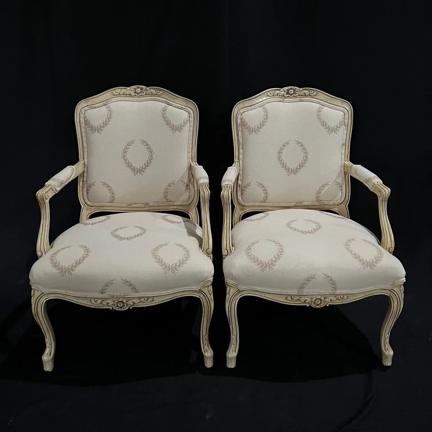 Classic Pair of French Louis XV Style Armchairs or Fauteuils with Original Off White Paint and Contrasting Neutral Fabric on Back