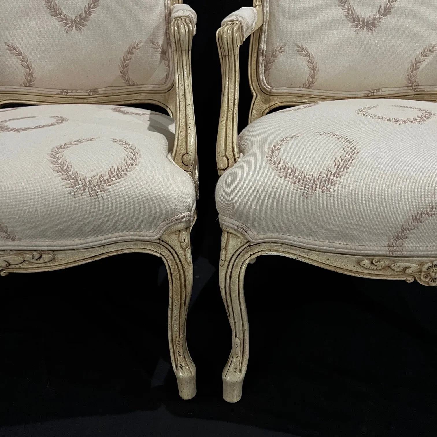 Classic Pair of French Louis XV Style Armchairs or Fauteuils with Original Off White Paint and Contrasting Neutral Fabric on Back