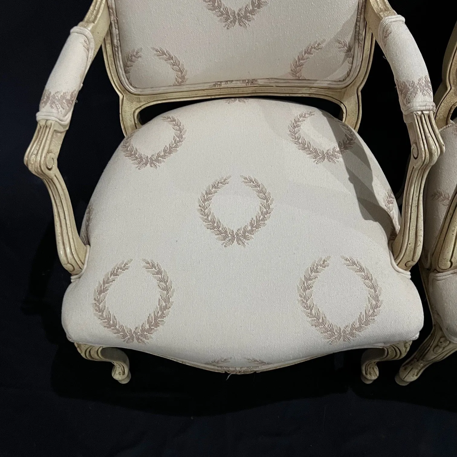 Classic Pair of French Louis XV Style Armchairs or Fauteuils with Original Off White Paint and Contrasting Neutral Fabric on Back