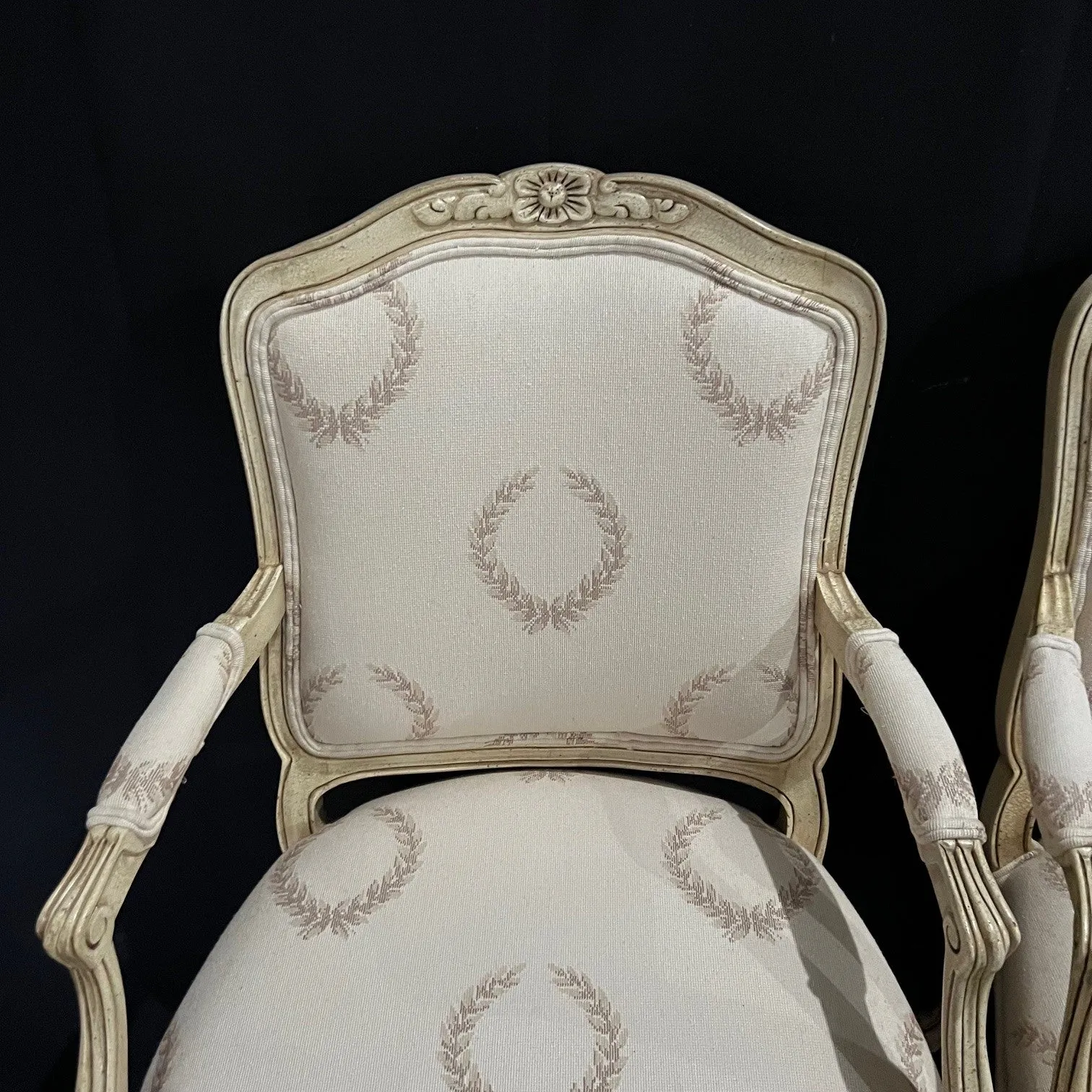 Classic Pair of French Louis XV Style Armchairs or Fauteuils with Original Off White Paint and Contrasting Neutral Fabric on Back