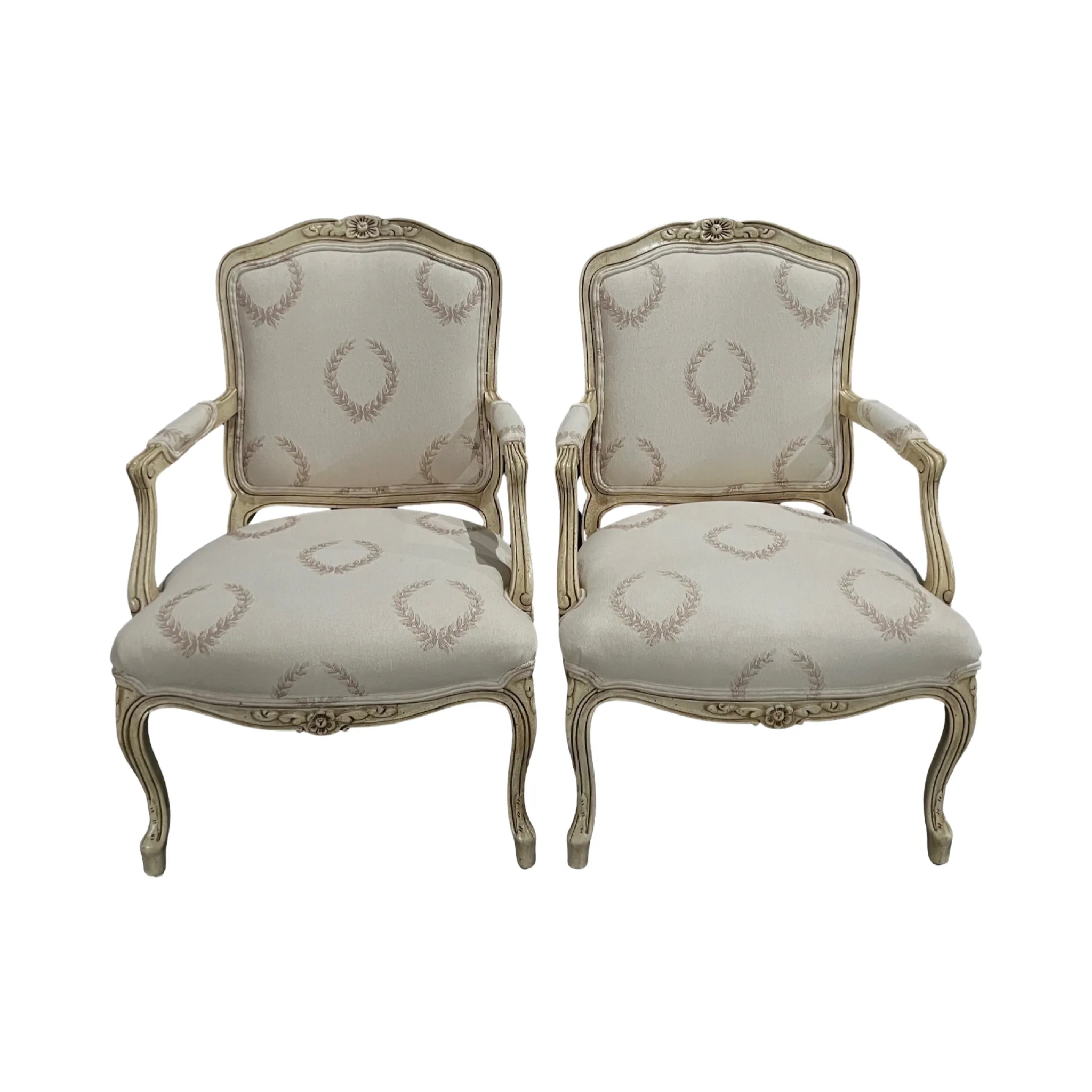 Classic Pair of French Louis XV Style Armchairs or Fauteuils with Original Off White Paint and Contrasting Neutral Fabric on Back