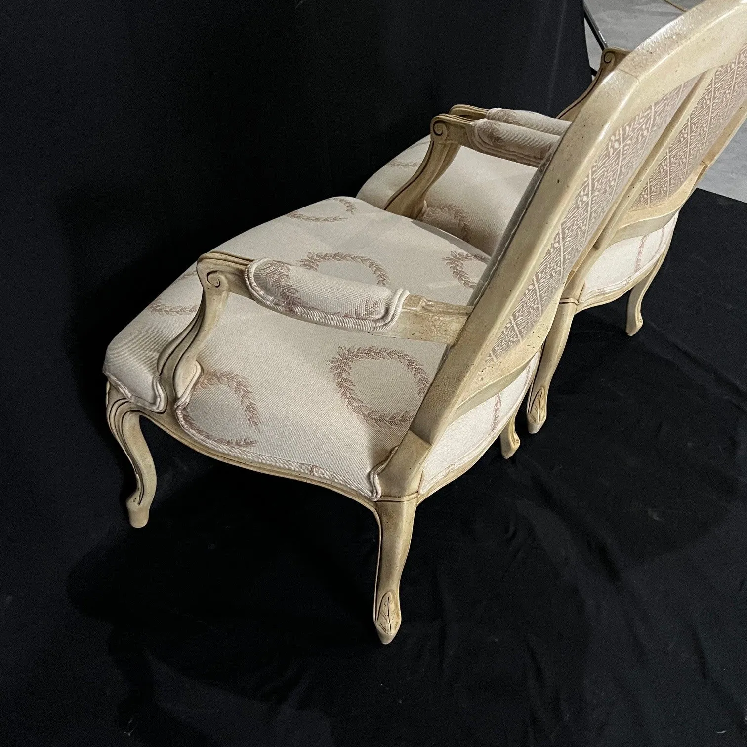 Classic Pair of French Louis XV Style Armchairs or Fauteuils with Original Off White Paint and Contrasting Neutral Fabric on Back