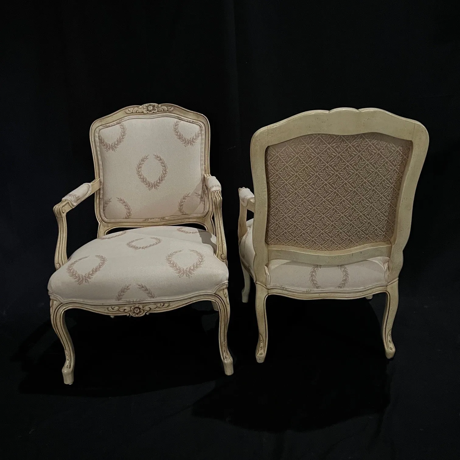 Classic Pair of French Louis XV Style Armchairs or Fauteuils with Original Off White Paint and Contrasting Neutral Fabric on Back