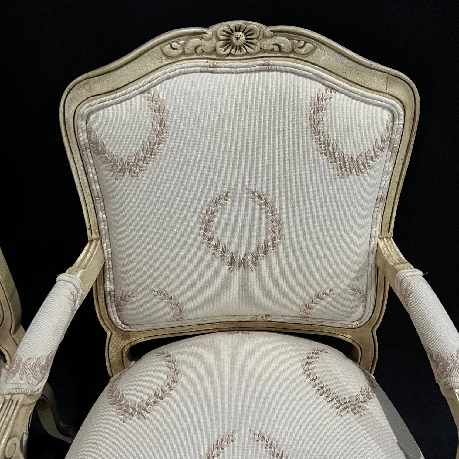 Classic Pair of French Louis XV Style Armchairs or Fauteuils with Original Off White Paint and Contrasting Neutral Fabric on Back