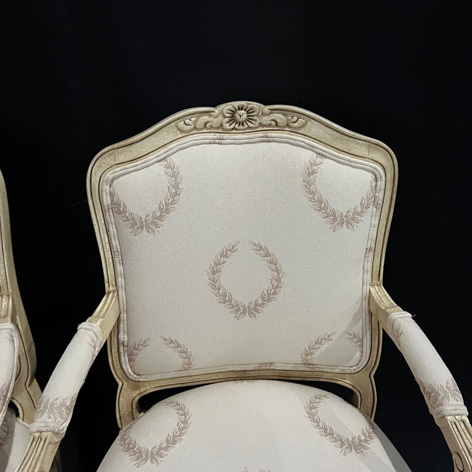 Classic Pair of French Louis XV Style Armchairs or Fauteuils with Original Off White Paint and Contrasting Neutral Fabric on Back