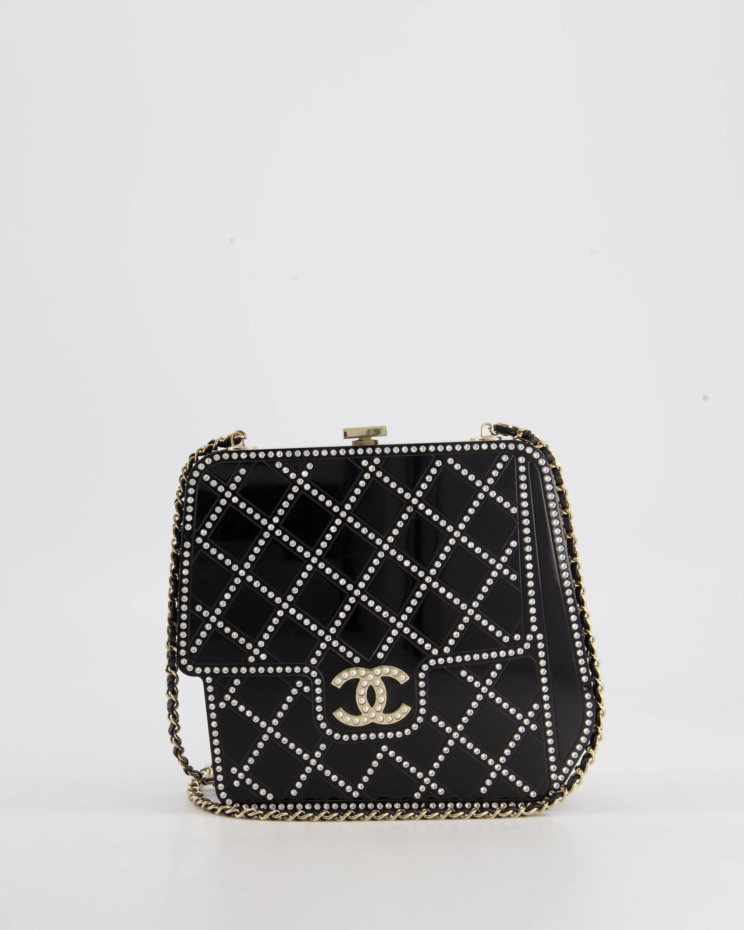 *COLLECTORS ITEM* Chanel Black Acrylic Crossbody Box Bag with Crystal with Pearl Embellishment and Champagne Gold Hardware