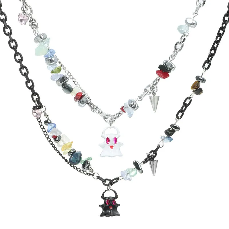 Cute Black And White Little Ghost Monster Necklace Jade Stitching