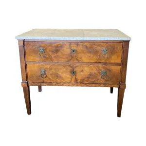 Early 19th Century French Continental Neoclassical Fruitwood Directoire Commode with Lion Pulls and Original Marble Top