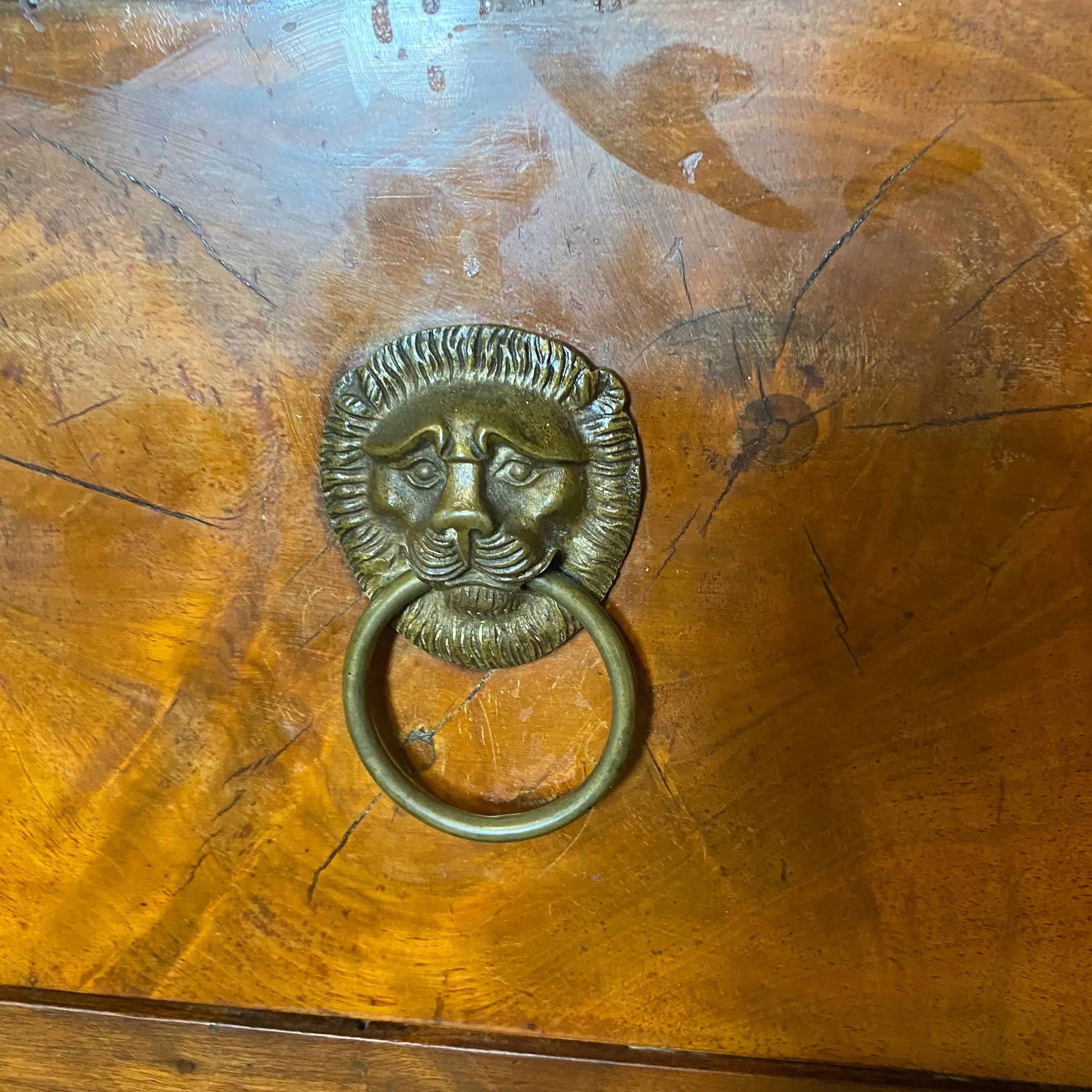 Early 19th Century French Continental Neoclassical Fruitwood Directoire Commode with Lion Pulls and Original Marble Top