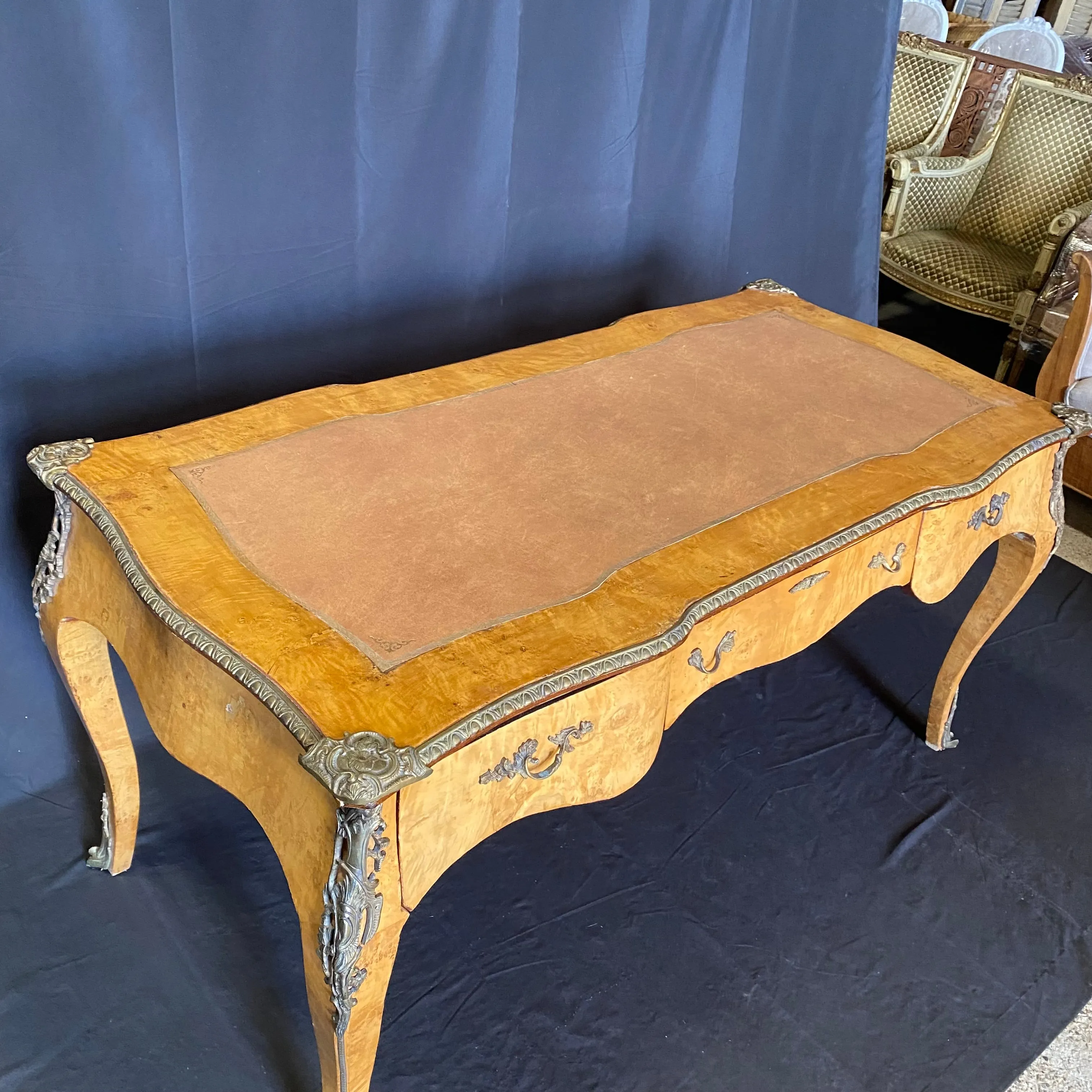 Elegant French Louis XV Style Burled Walnut Writing Desk or Bureau Plat