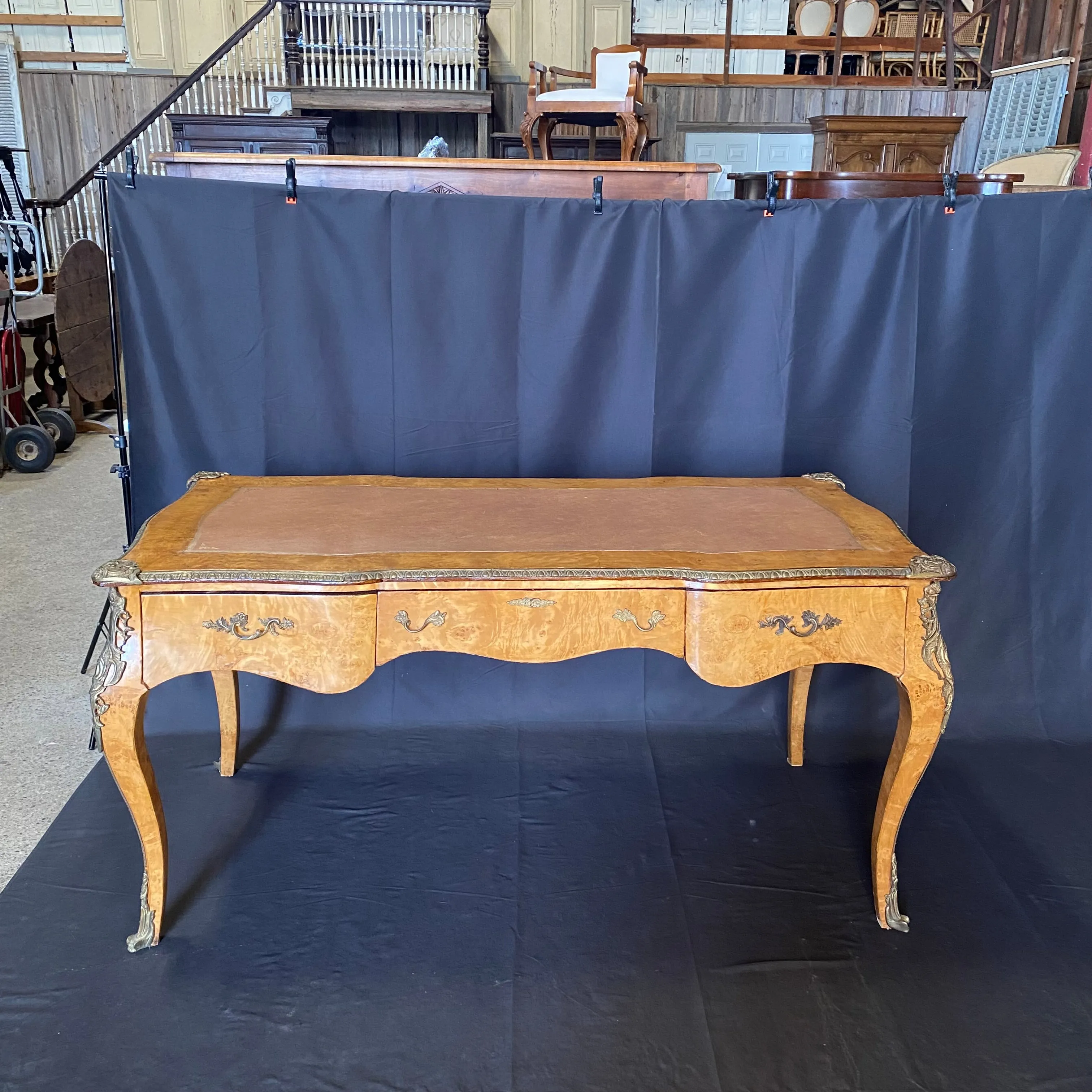 Elegant French Louis XV Style Burled Walnut Writing Desk or Bureau Plat