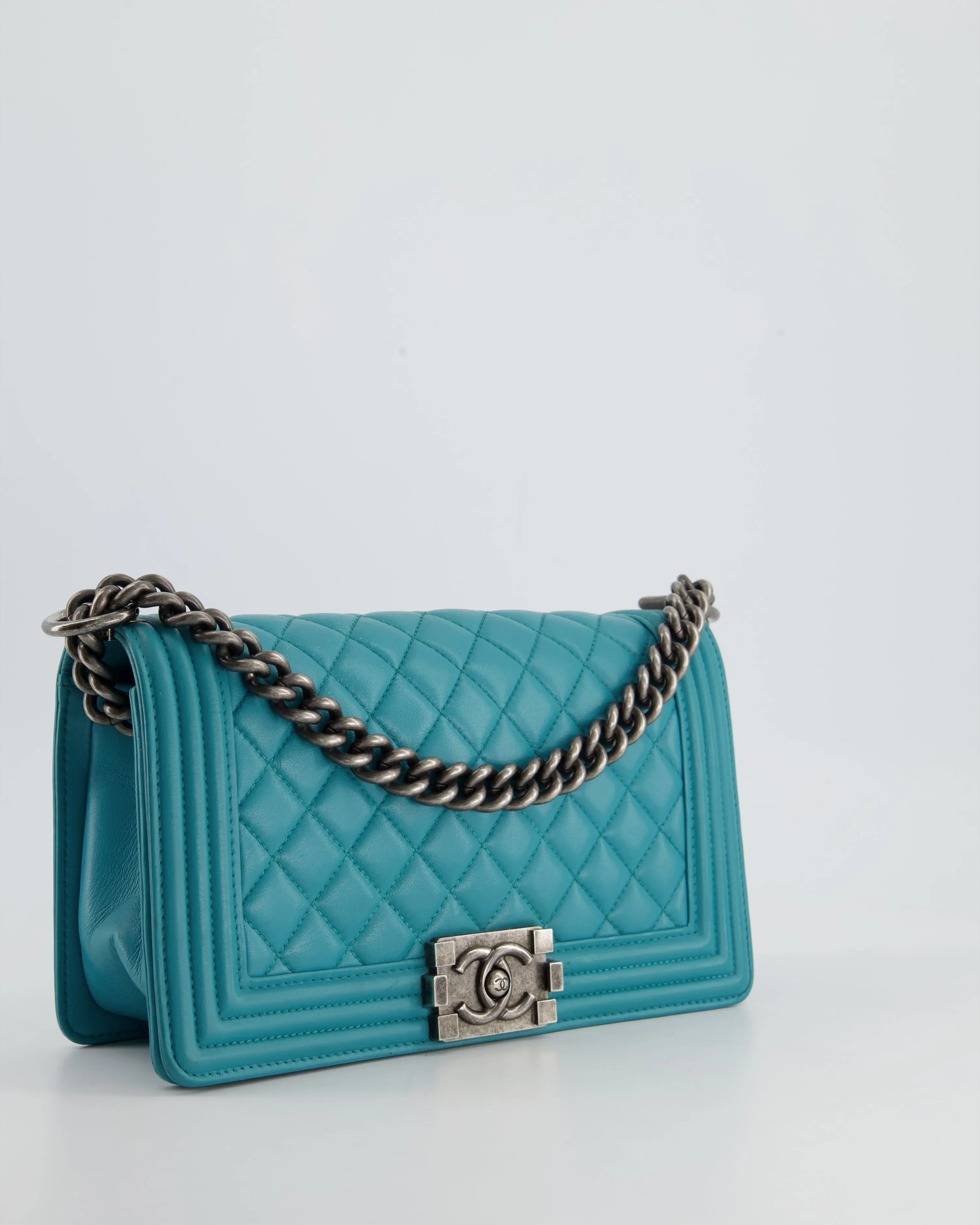 *FIR PRICE* Chanel Teal Blue Medium Boy Bag in Lambskin Leather with Ruthenium Hardware