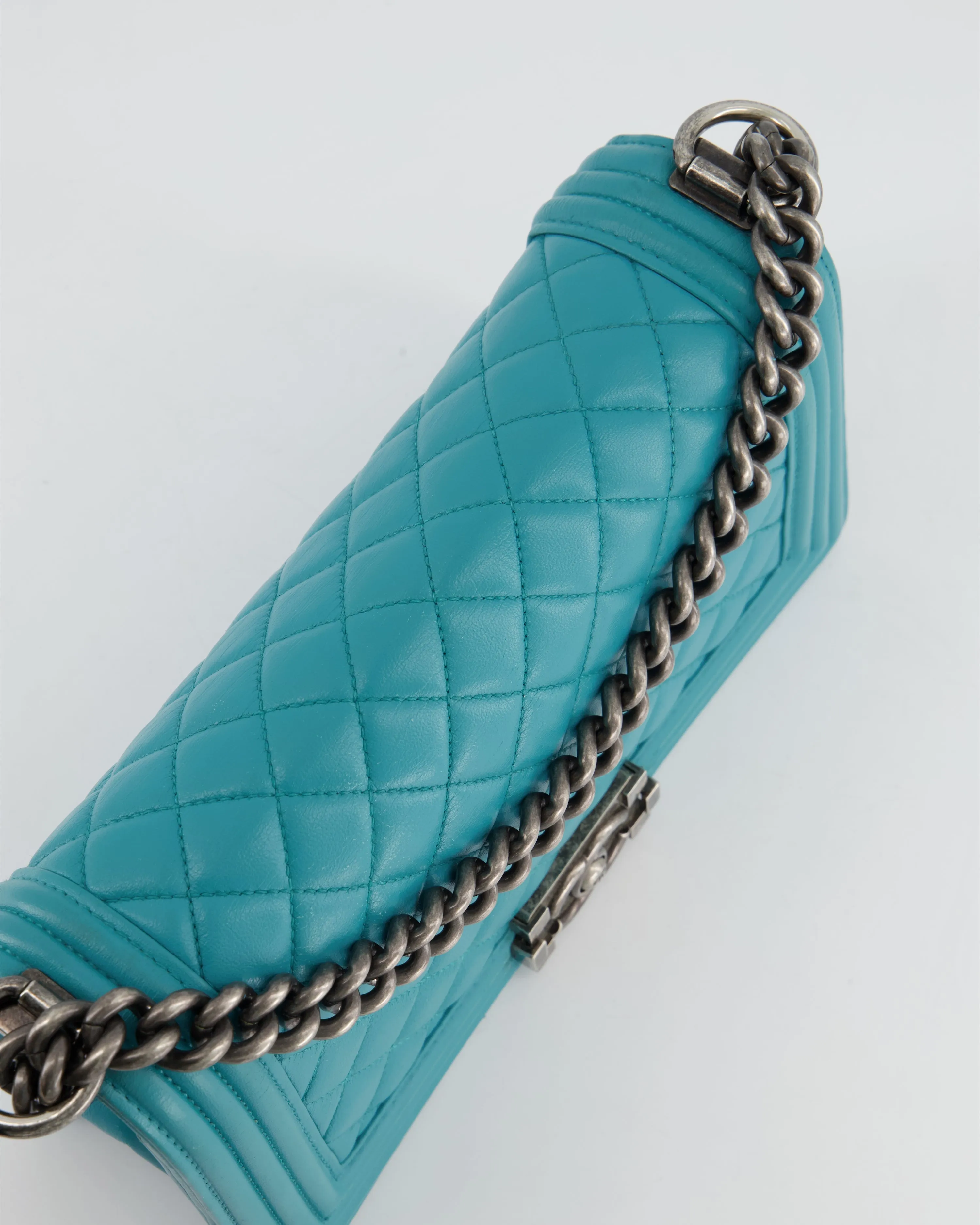 *FIR PRICE* Chanel Teal Blue Medium Boy Bag in Lambskin Leather with Ruthenium Hardware