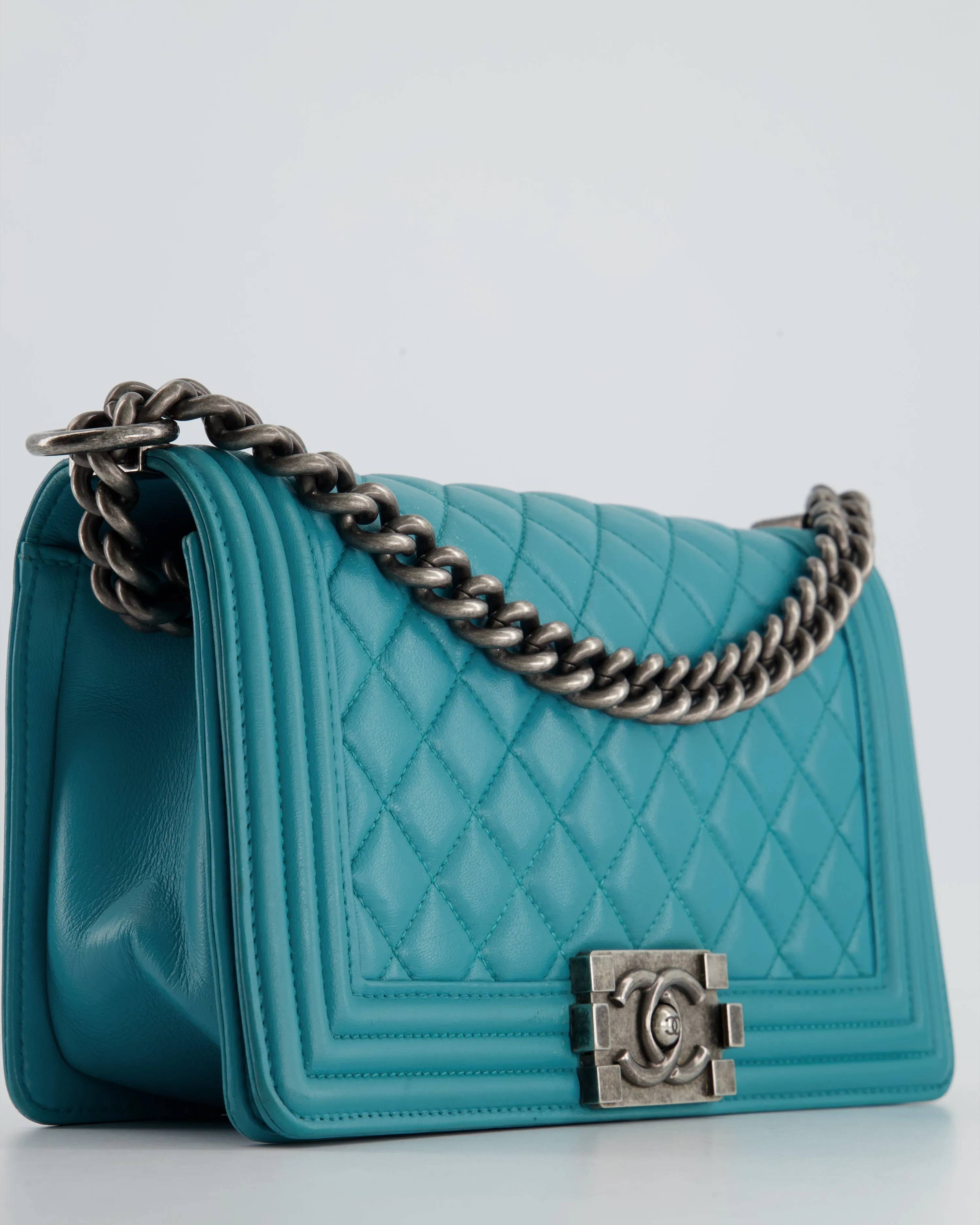 *FIR PRICE* Chanel Teal Blue Medium Boy Bag in Lambskin Leather with Ruthenium Hardware