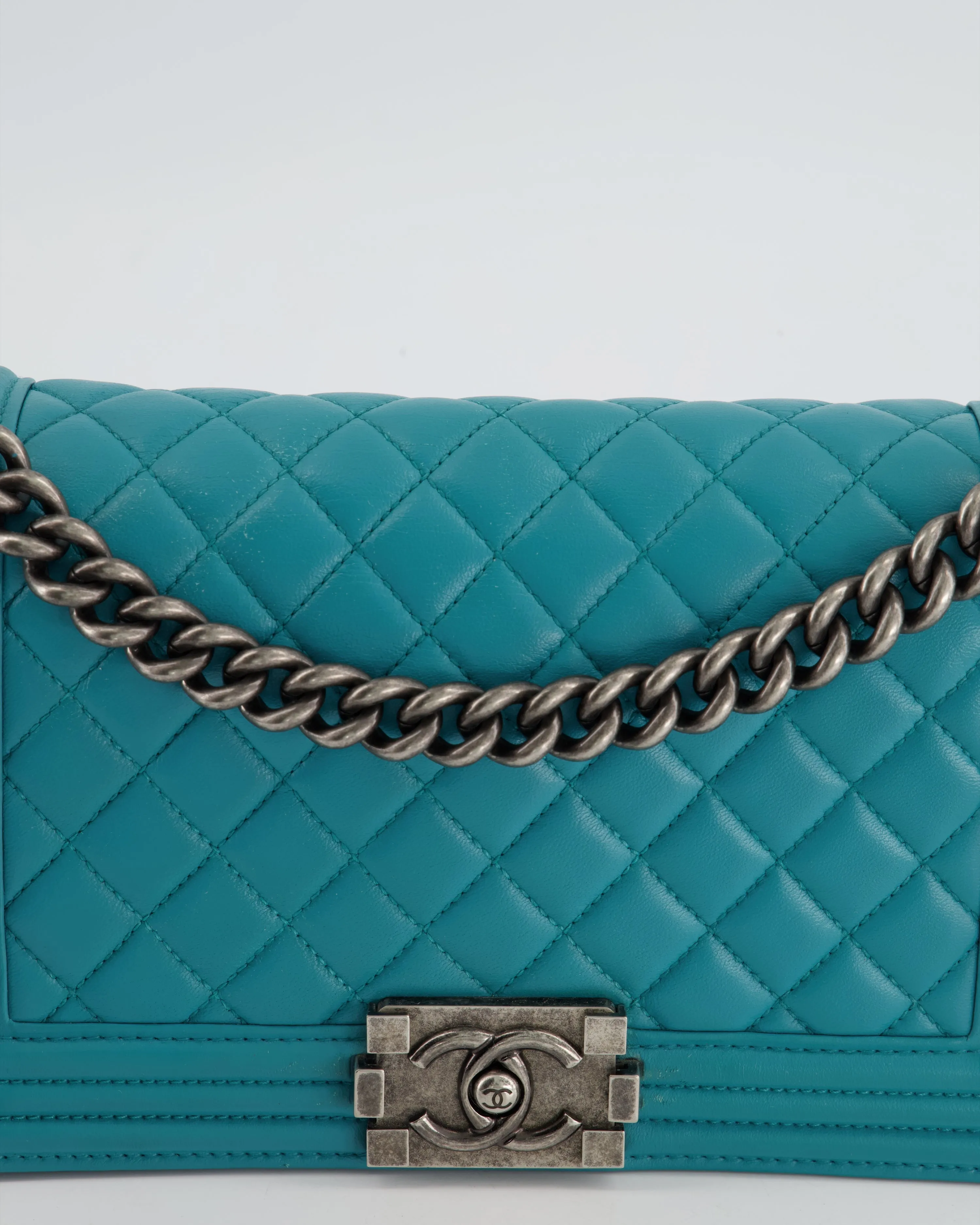 *FIR PRICE* Chanel Teal Blue Medium Boy Bag in Lambskin Leather with Ruthenium Hardware