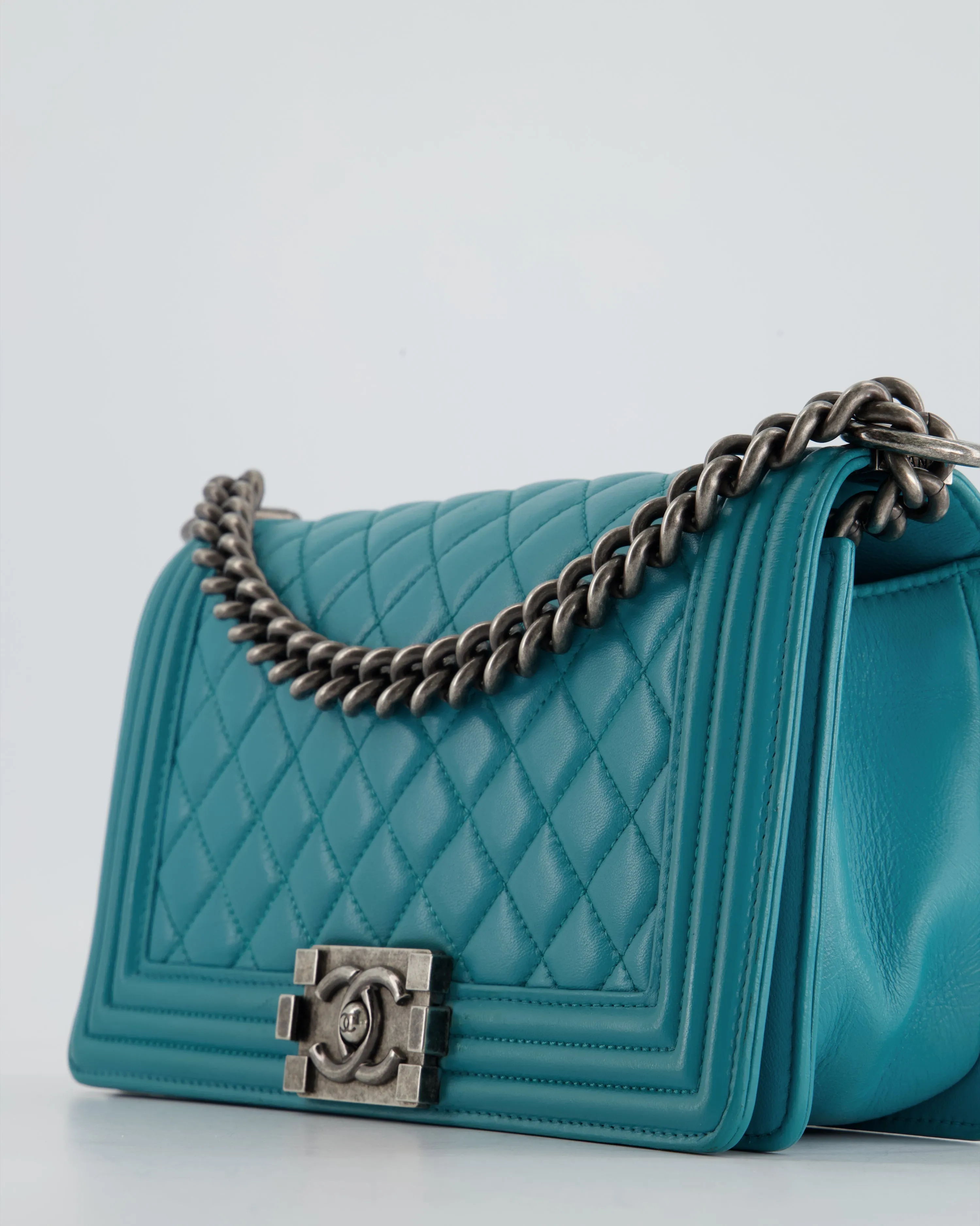 *FIR PRICE* Chanel Teal Blue Medium Boy Bag in Lambskin Leather with Ruthenium Hardware