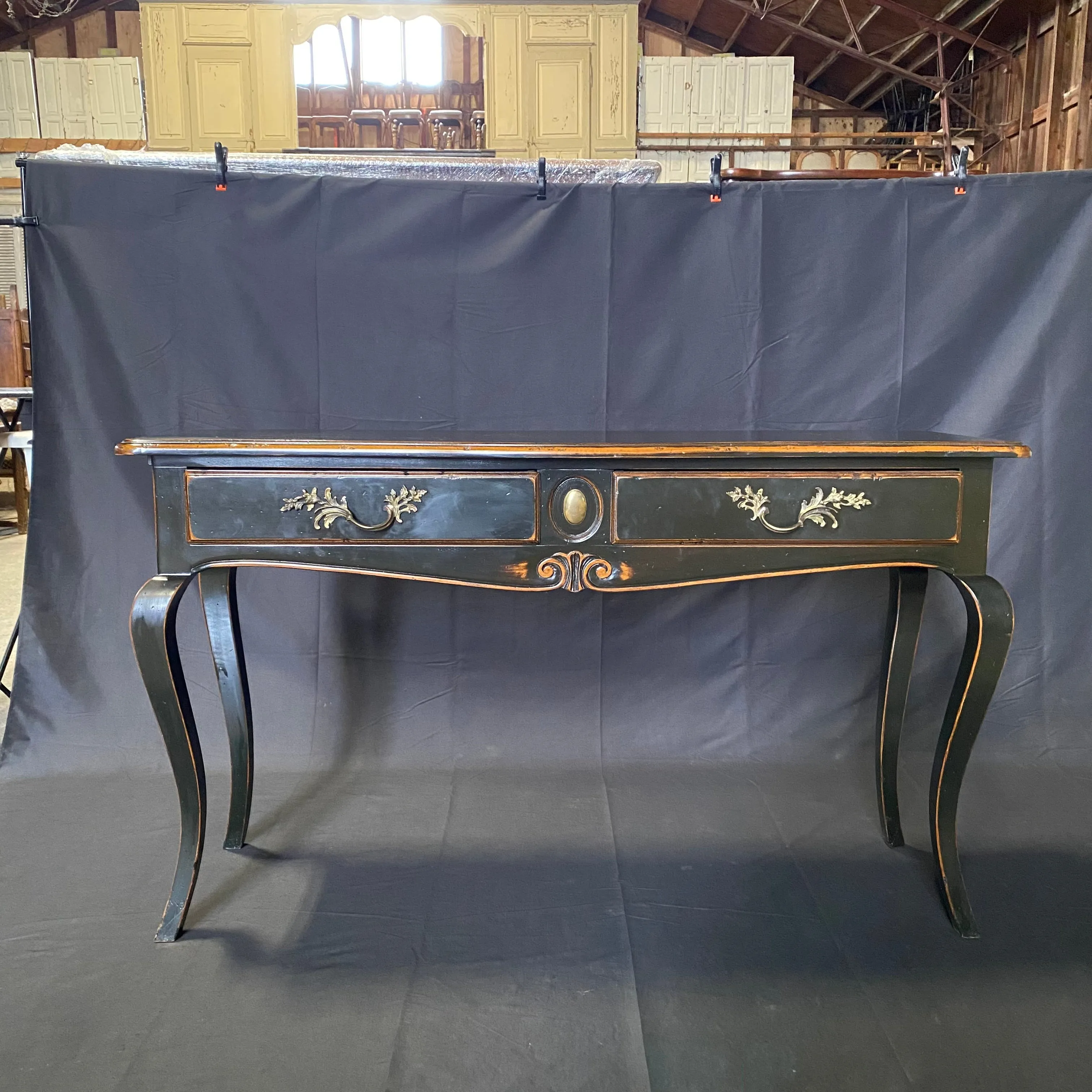 French Louis XV Style Ebonized Console Table or Buffet with Two Drawers and Pull Out Leaf