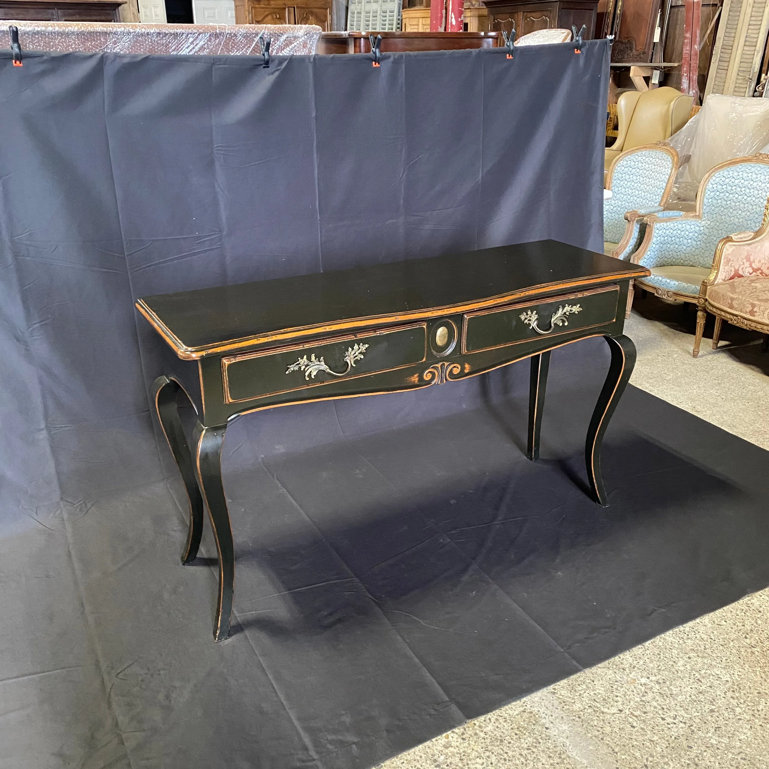 French Louis XV Style Ebonized Console Table or Buffet with Two Drawers and Pull Out Leaf