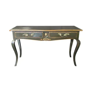 French Louis XV Style Ebonized Console Table or Buffet with Two Drawers and Pull Out Leaf