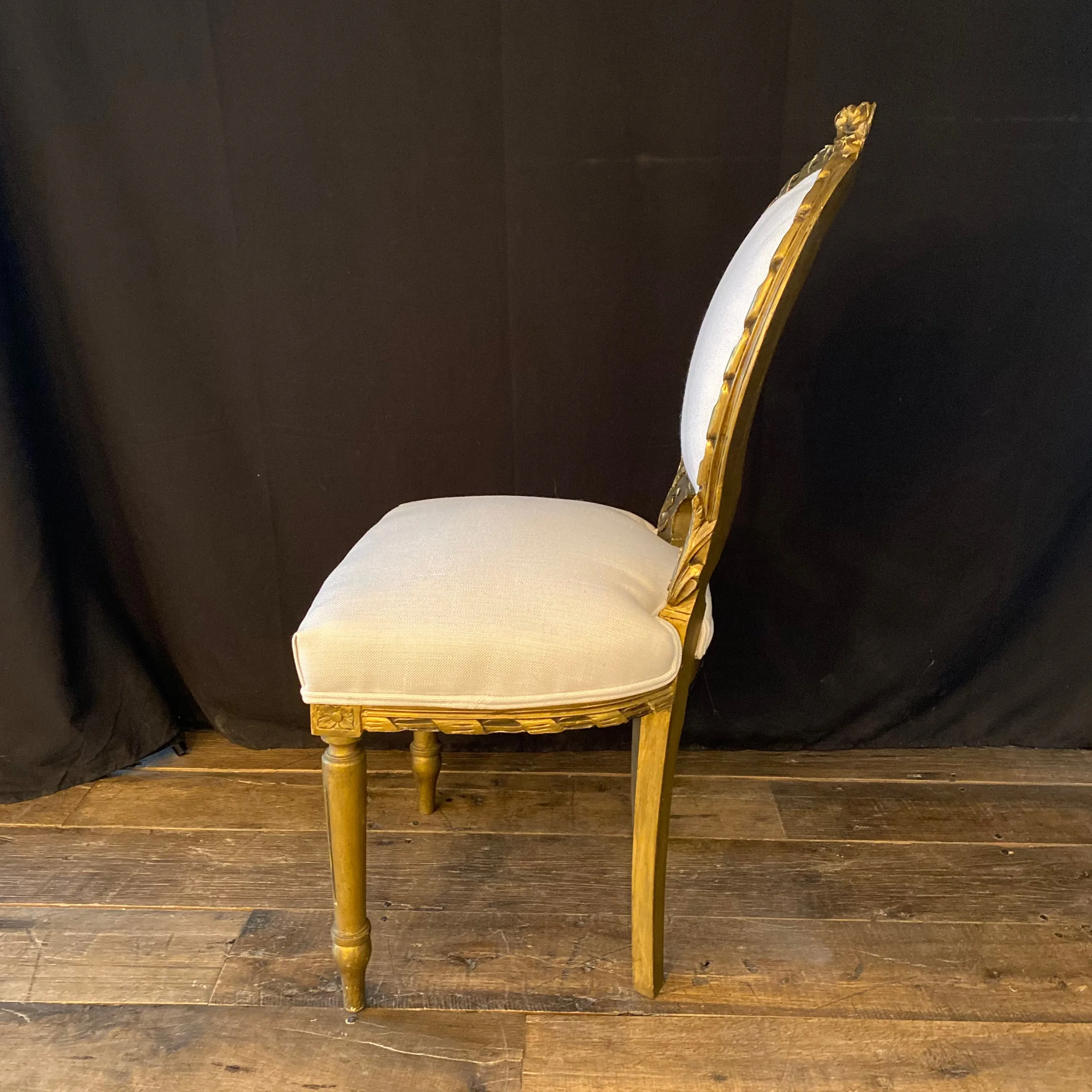 French Louis XVI Style Carved & Painted Bergere Gilt Wood Chairs - Pair