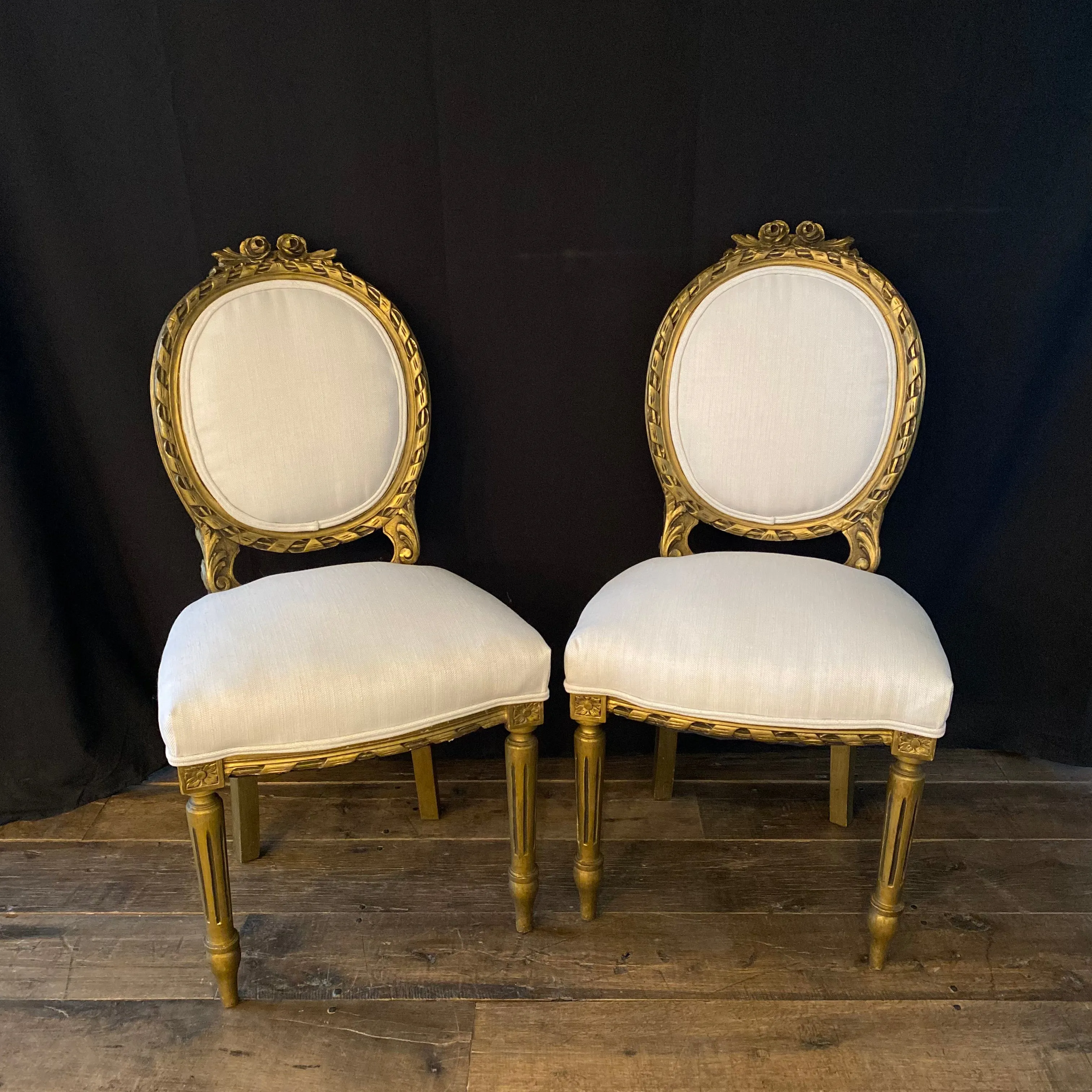 French Louis XVI Style Carved & Painted Bergere Gilt Wood Chairs - Pair