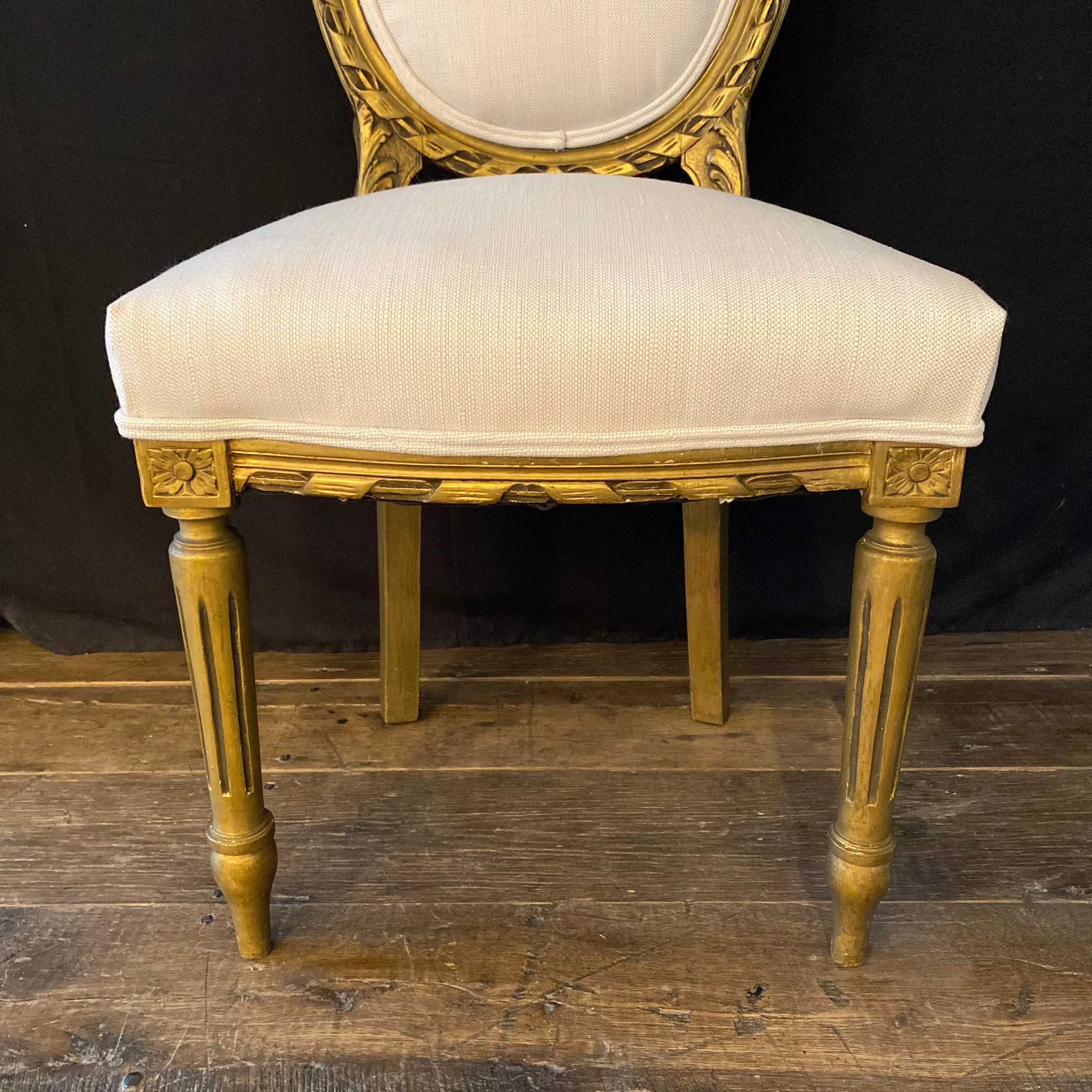 French Louis XVI Style Carved & Painted Bergere Gilt Wood Chairs - Pair