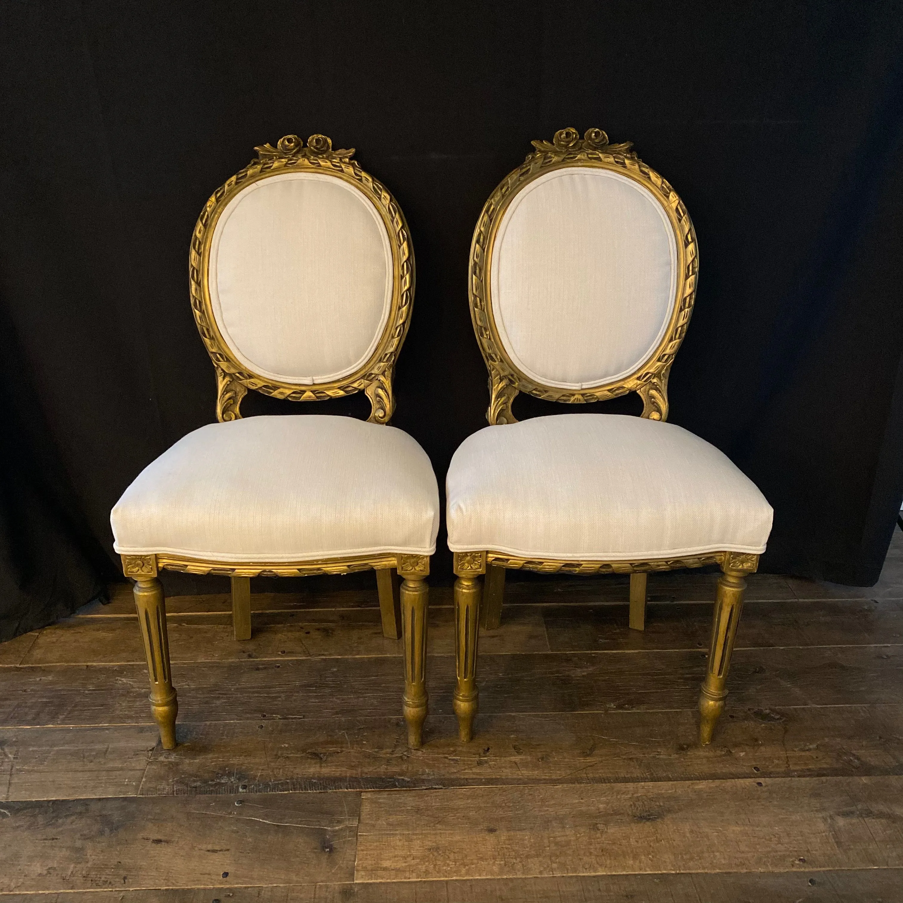 French Louis XVI Style Carved & Painted Bergere Gilt Wood Chairs - Pair