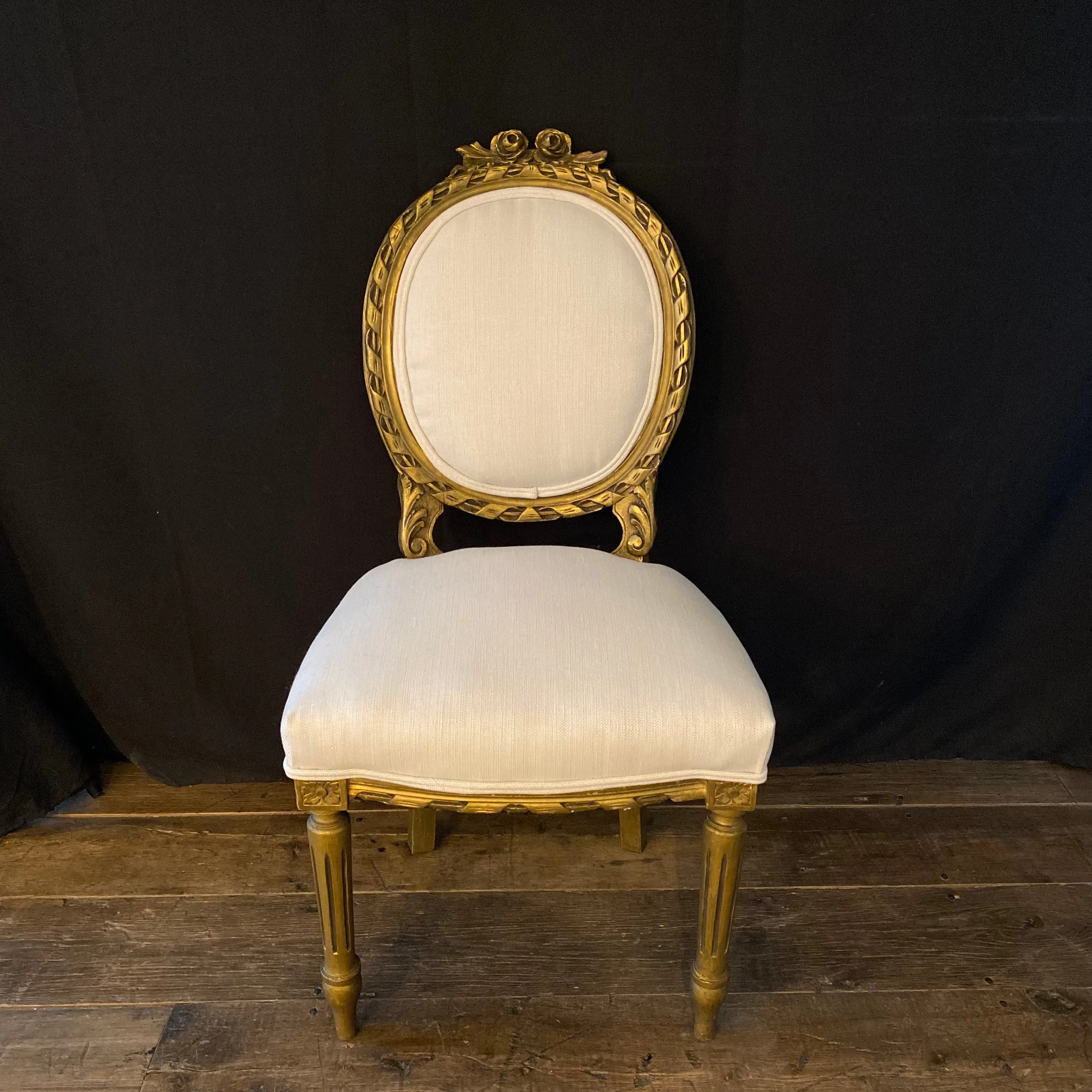 French Louis XVI Style Carved & Painted Bergere Gilt Wood Chairs - Pair