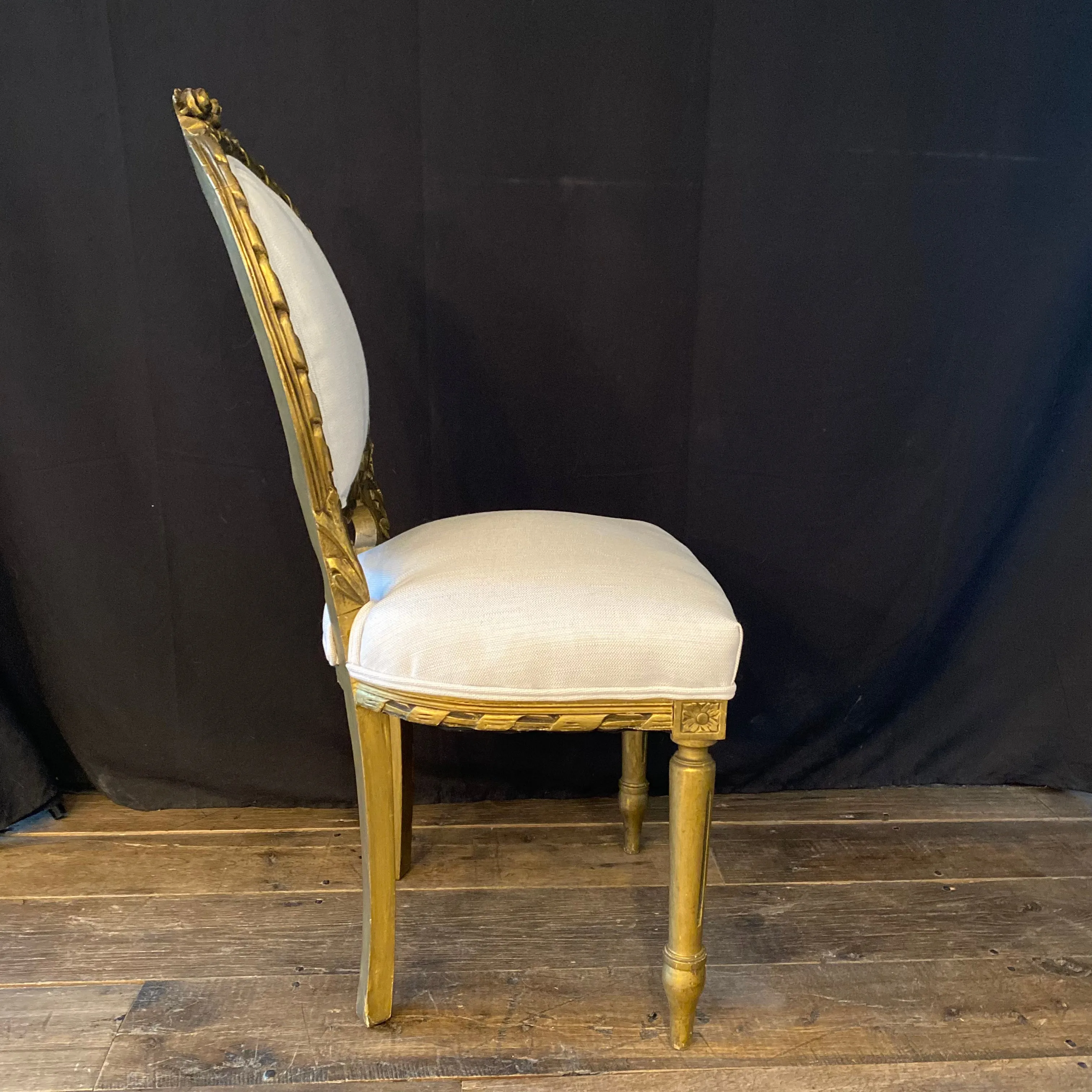 French Louis XVI Style Carved & Painted Bergere Gilt Wood Chairs - Pair