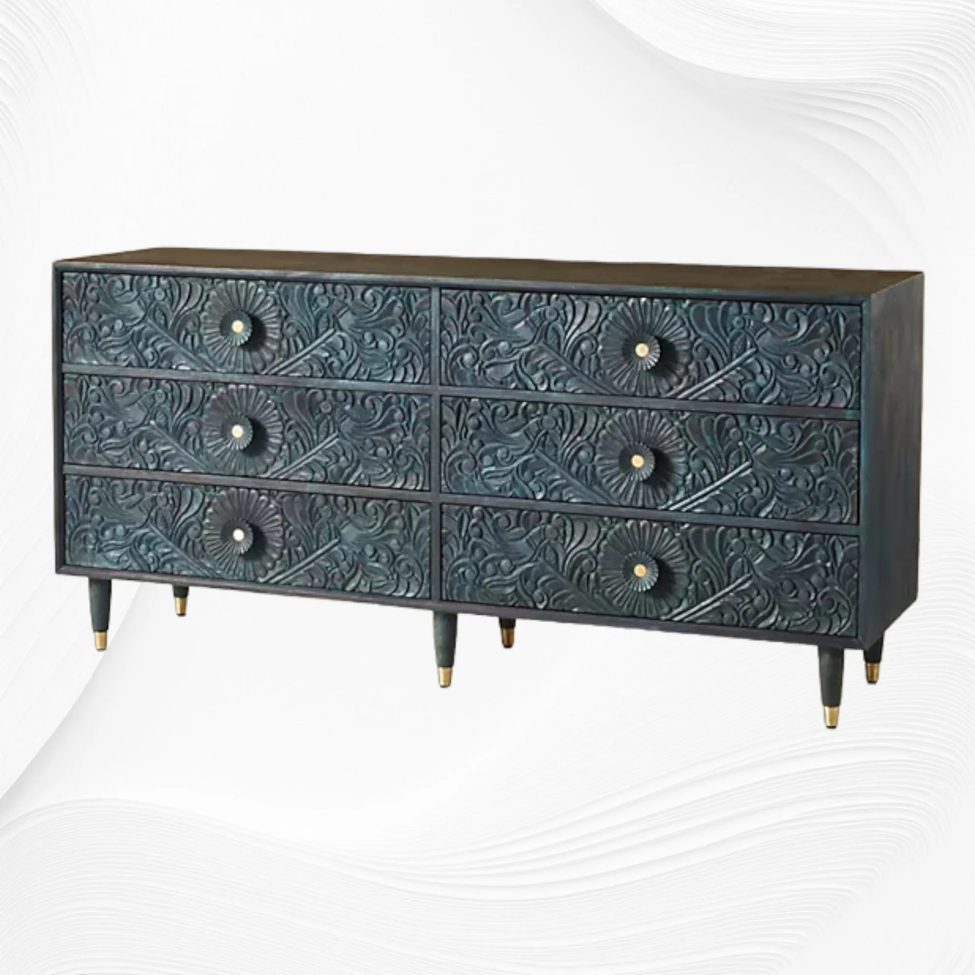 Handcarved Gulliver Six Drawer Dresser Green