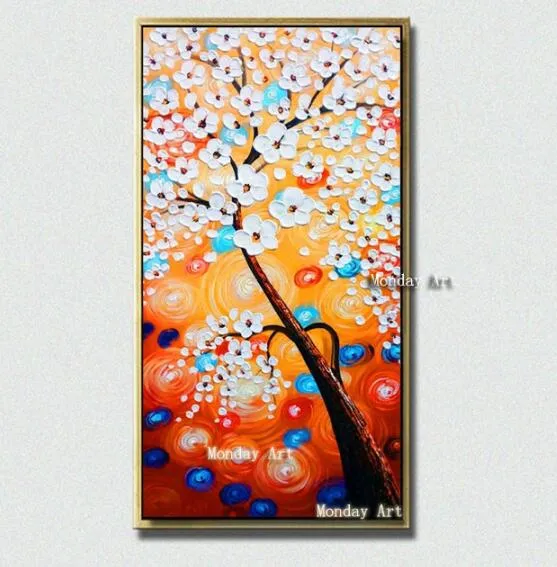 Large best Hand painted thick Knife Flower Oil Paintings  3D golden tree oil Paintings Wall pictures on Canvas for living Room