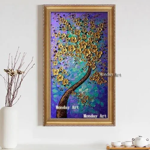 Large best Hand painted thick Knife Flower Oil Paintings  3D golden tree oil Paintings Wall pictures on Canvas for living Room