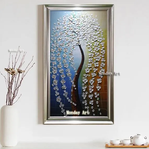 Large best Hand painted thick Knife Flower Oil Paintings  3D golden tree oil Paintings Wall pictures on Canvas for living Room