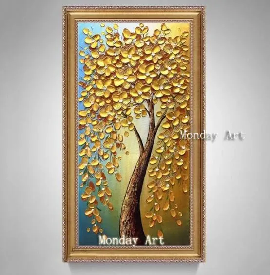 Large best Hand painted thick Knife Flower Oil Paintings  3D golden tree oil Paintings Wall pictures on Canvas for living Room