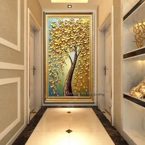 Large best Hand painted thick Knife Flower Oil Paintings  3D golden tree oil Paintings Wall pictures on Canvas for living Room