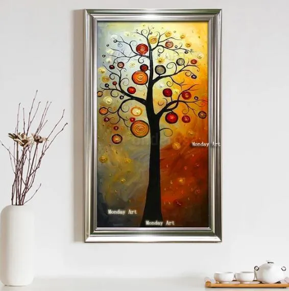 Large best Hand painted thick Knife Flower Oil Paintings  3D golden tree oil Paintings Wall pictures on Canvas for living Room